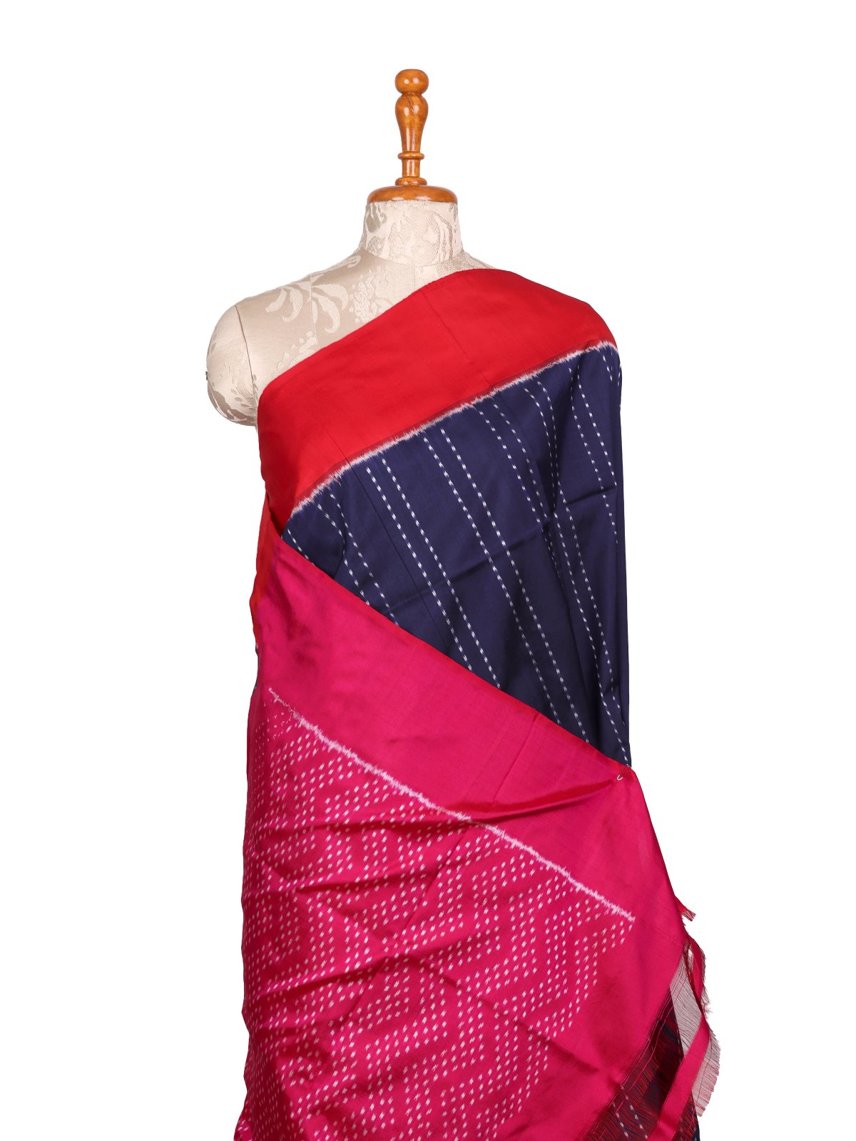 Navy Blue Ikat Silk Saree with Red and Pink Ganga Jamuna Border