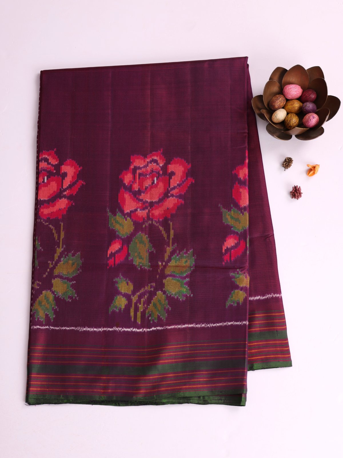 Burgundy Patola Silk Saree With Striped Border