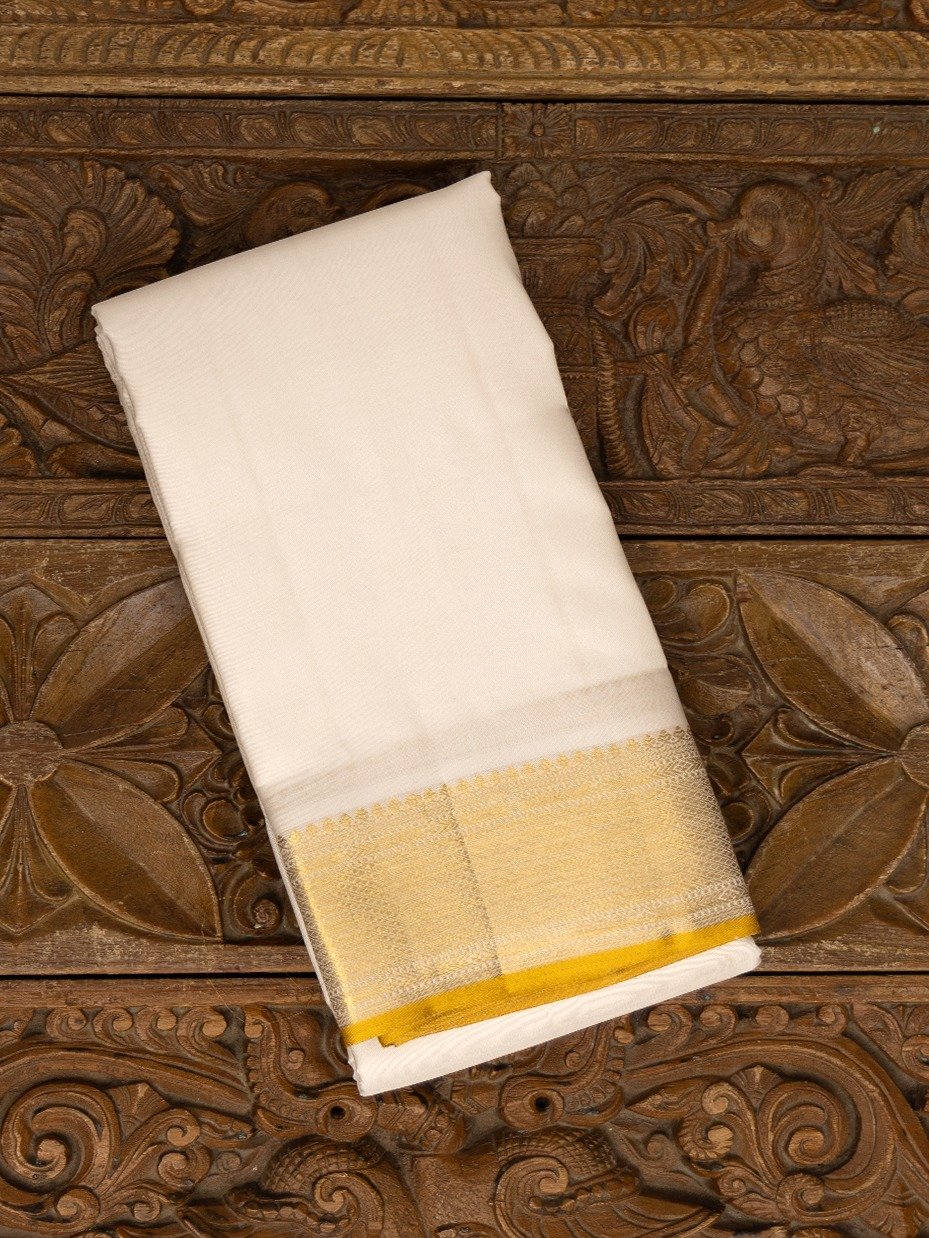 White Silk Dhoti With Gold Self Zari Border