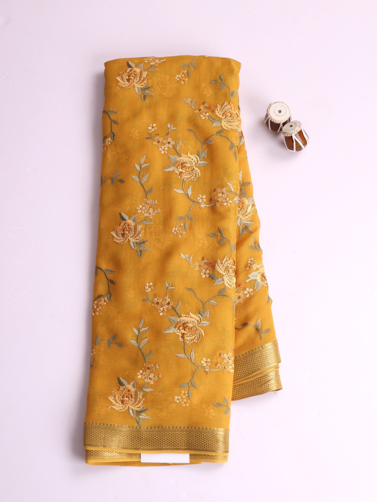 Mustard Yellow Embroidered Chiffon Silk Saree