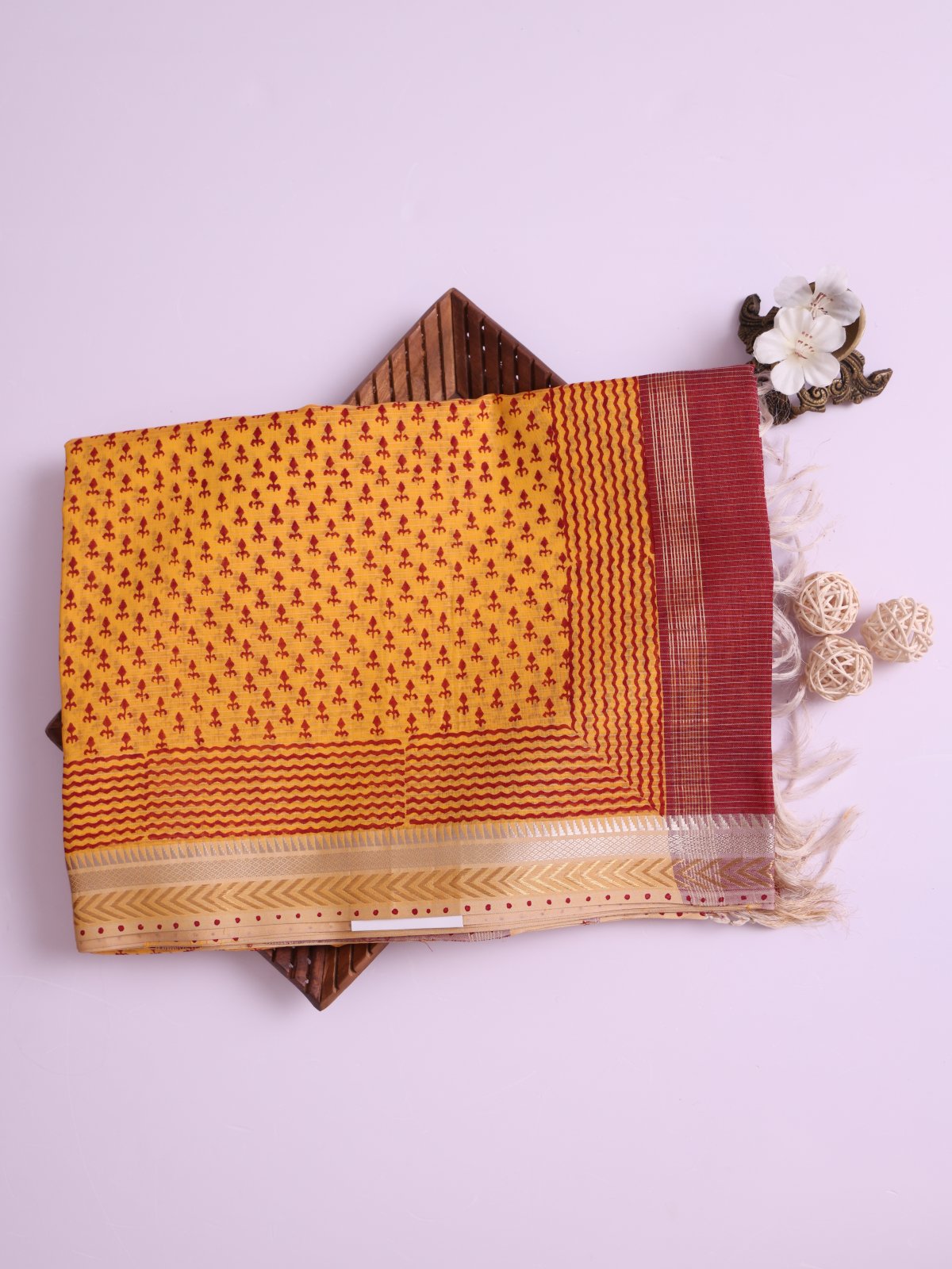 Mustard Yellow Maheshwari Cotton Saree