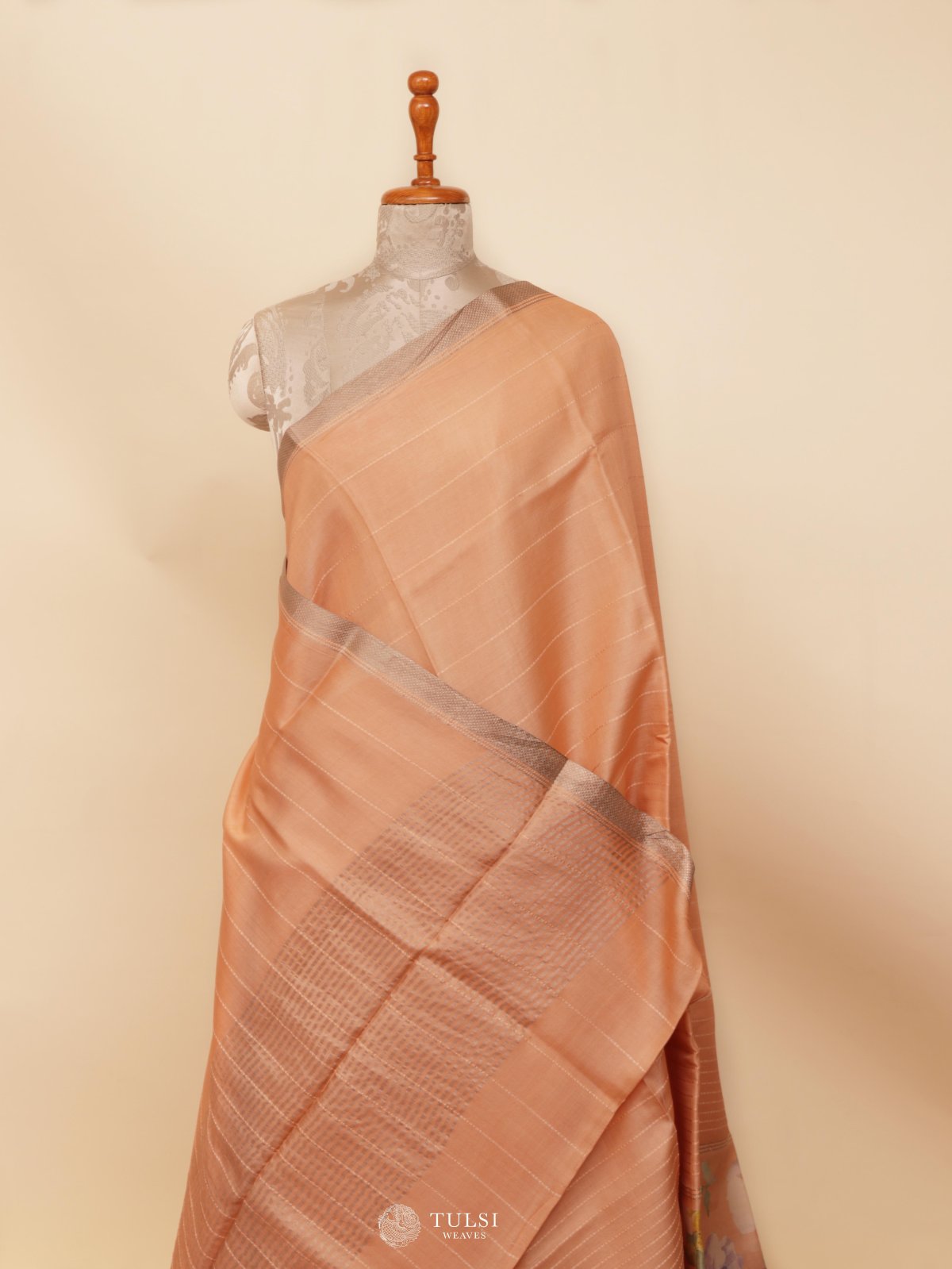 Peach Printed Tussar Silk Saree