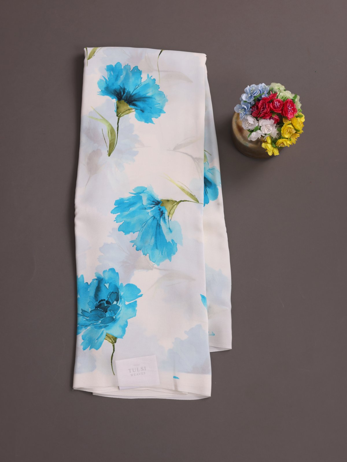 White Printed Crepe Silk Saree 