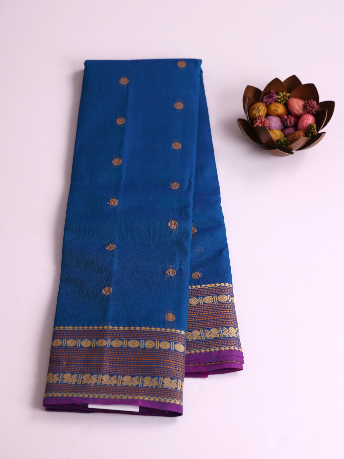 Peacock Blue Kanchi Cotton Saree With Threadwork Border
