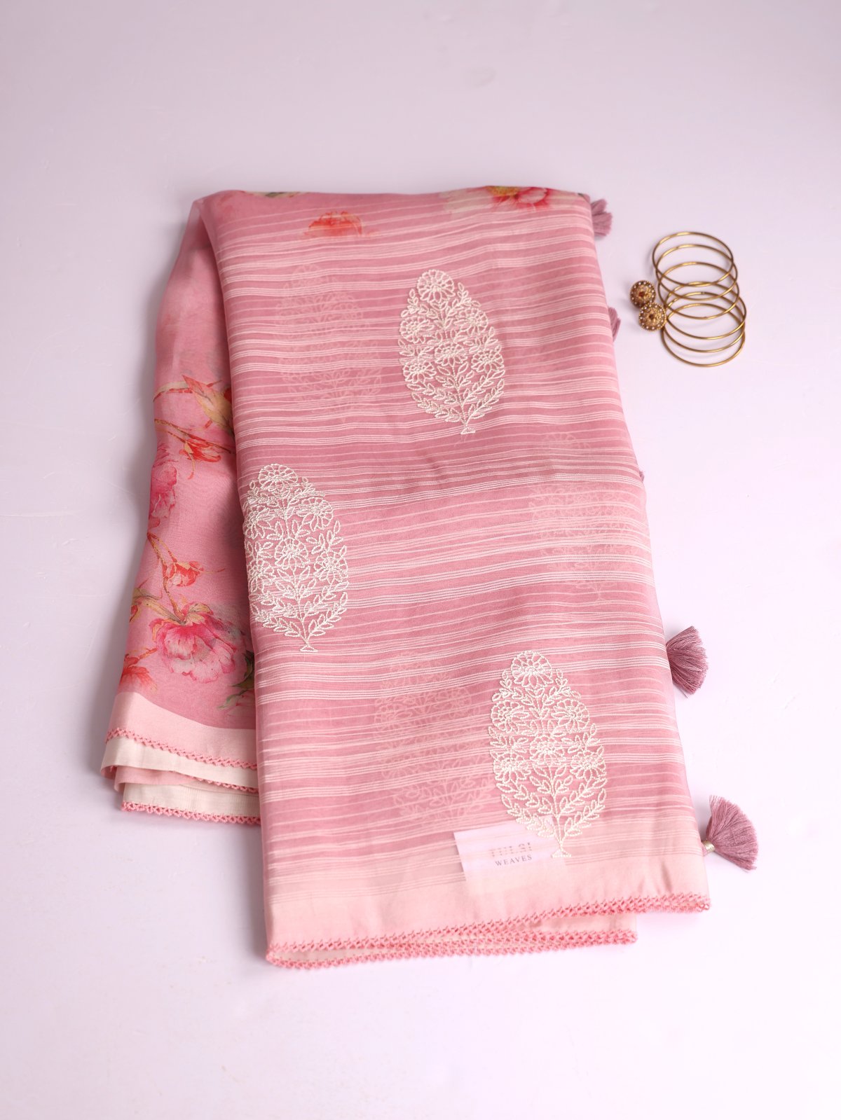 Pink Printed Organza Silk Saree With Embroidery