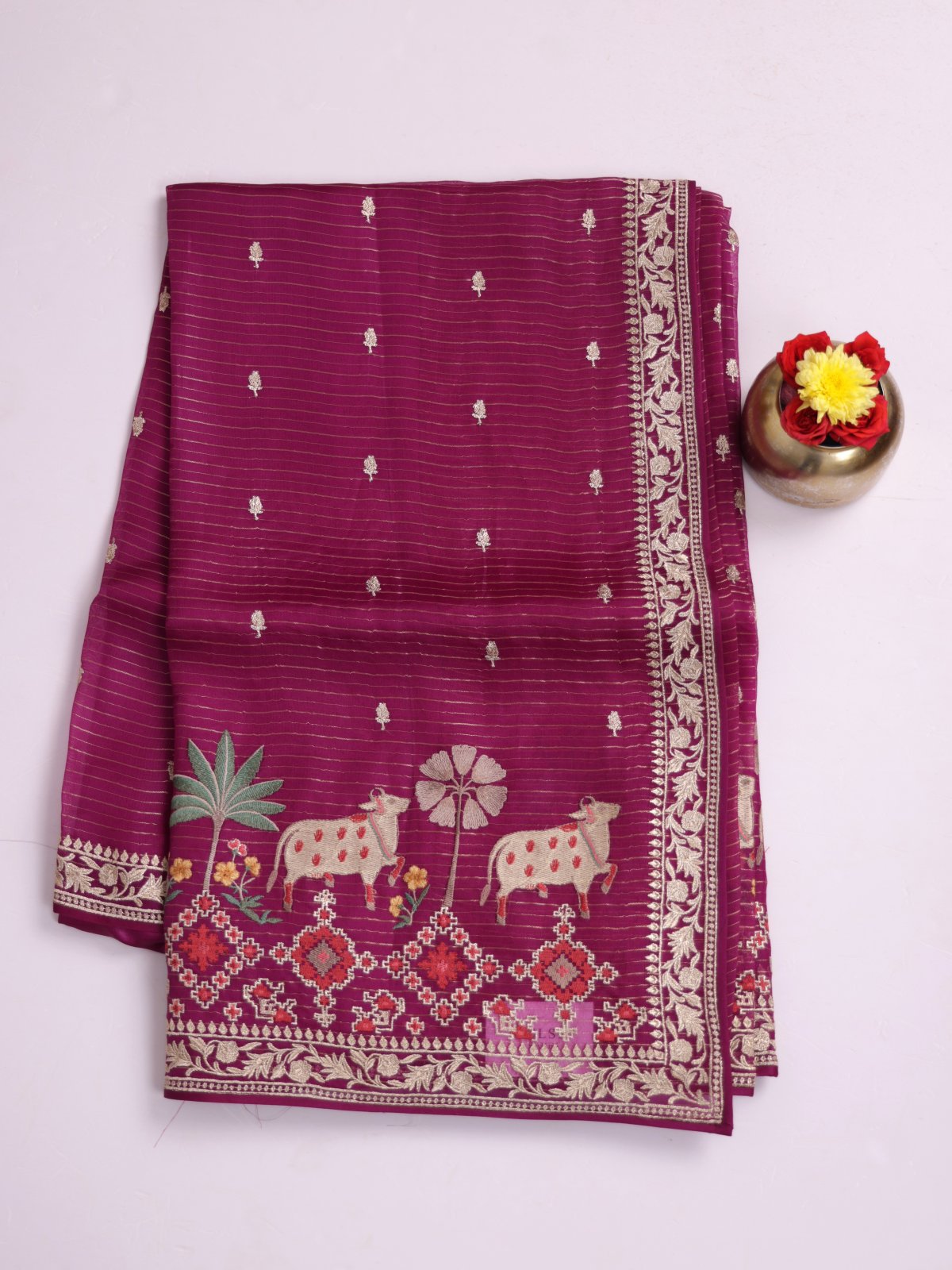 Purple Zari Striped Organza Silk Saree With Embroidered Border