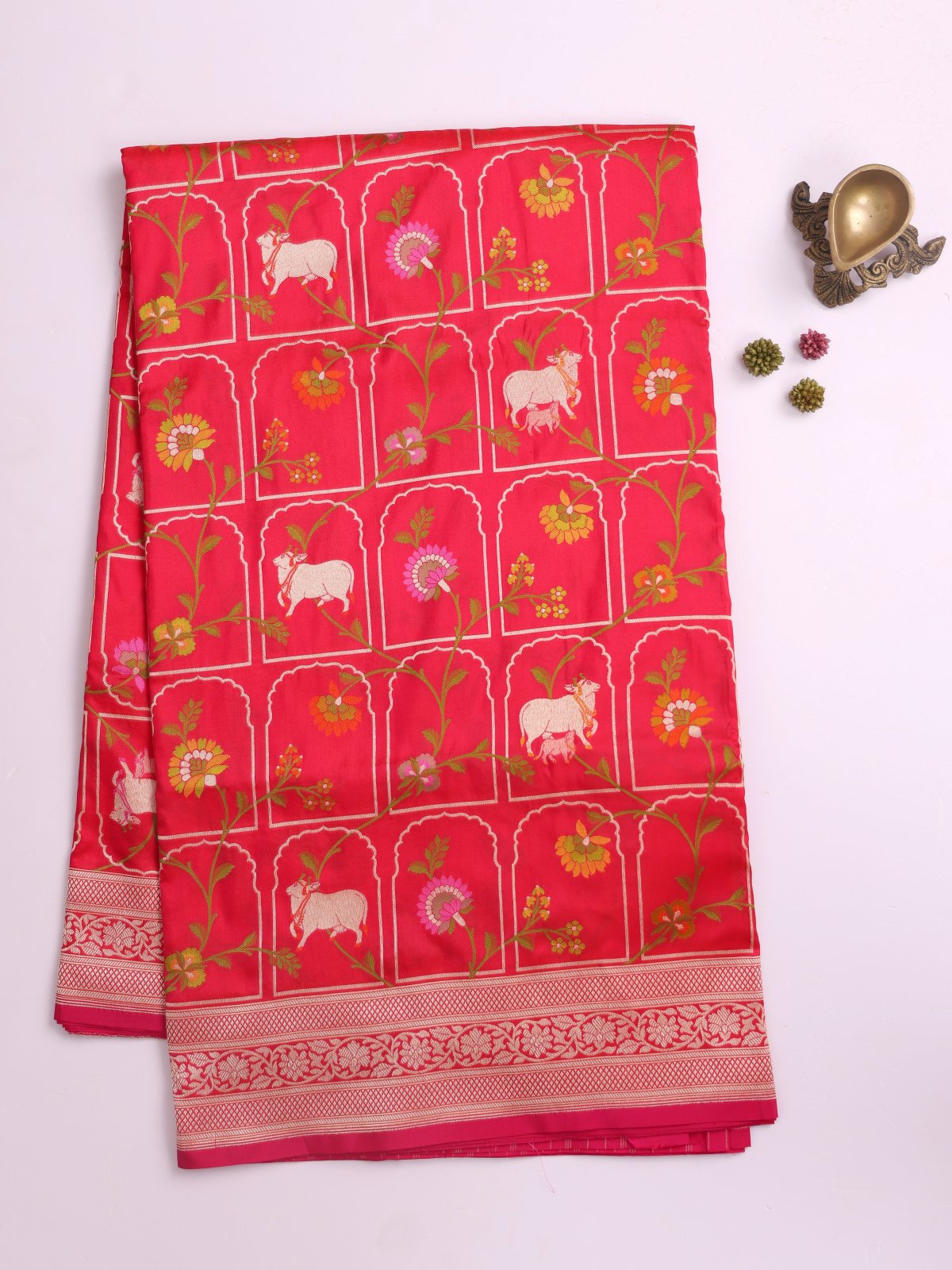 Pinkish Orange Banaras Silk Saree With Zari Border
