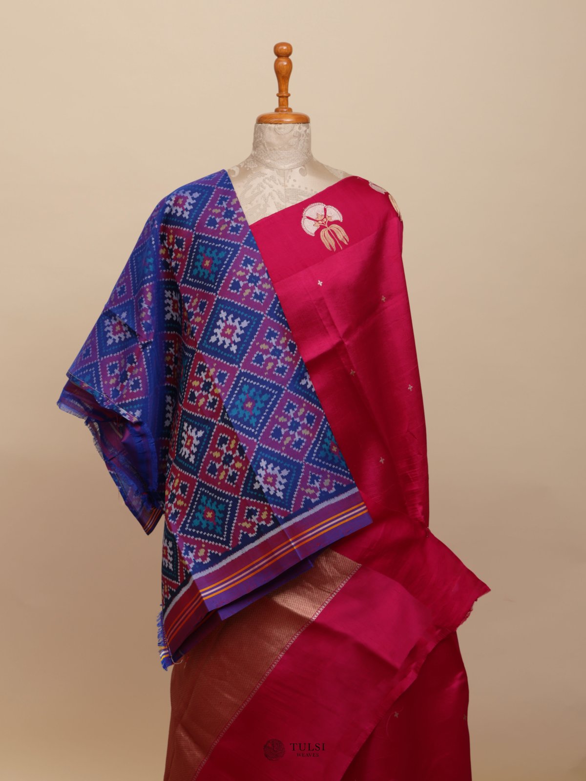 Rani Pink Mashru Silk Saree With Ikat Blouse