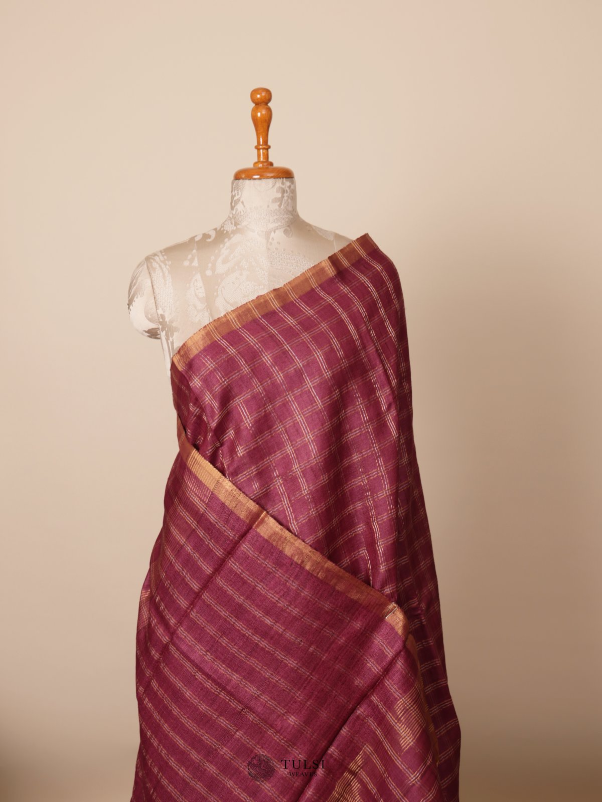 Burgundy Tussar Silk Saree