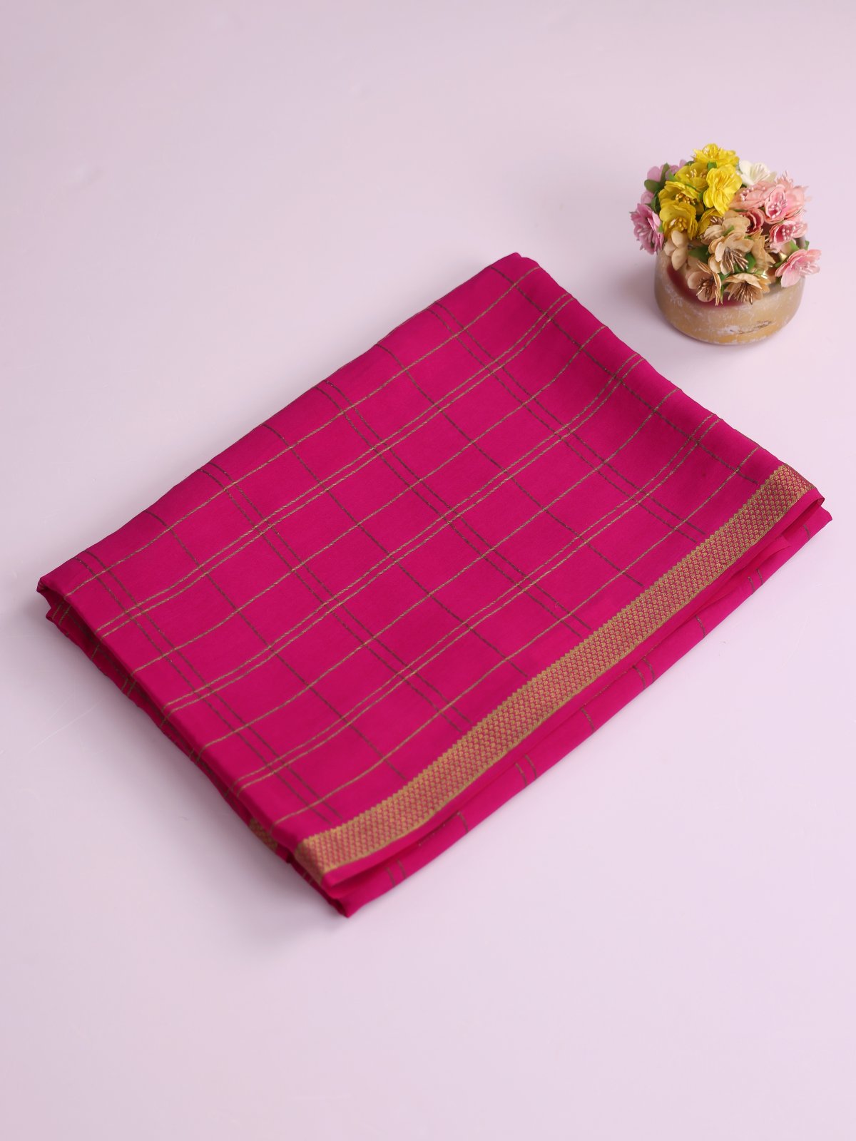 Pink Checked Mysore Crepe Silk Saree With Kalamkari Blouse And Pallu