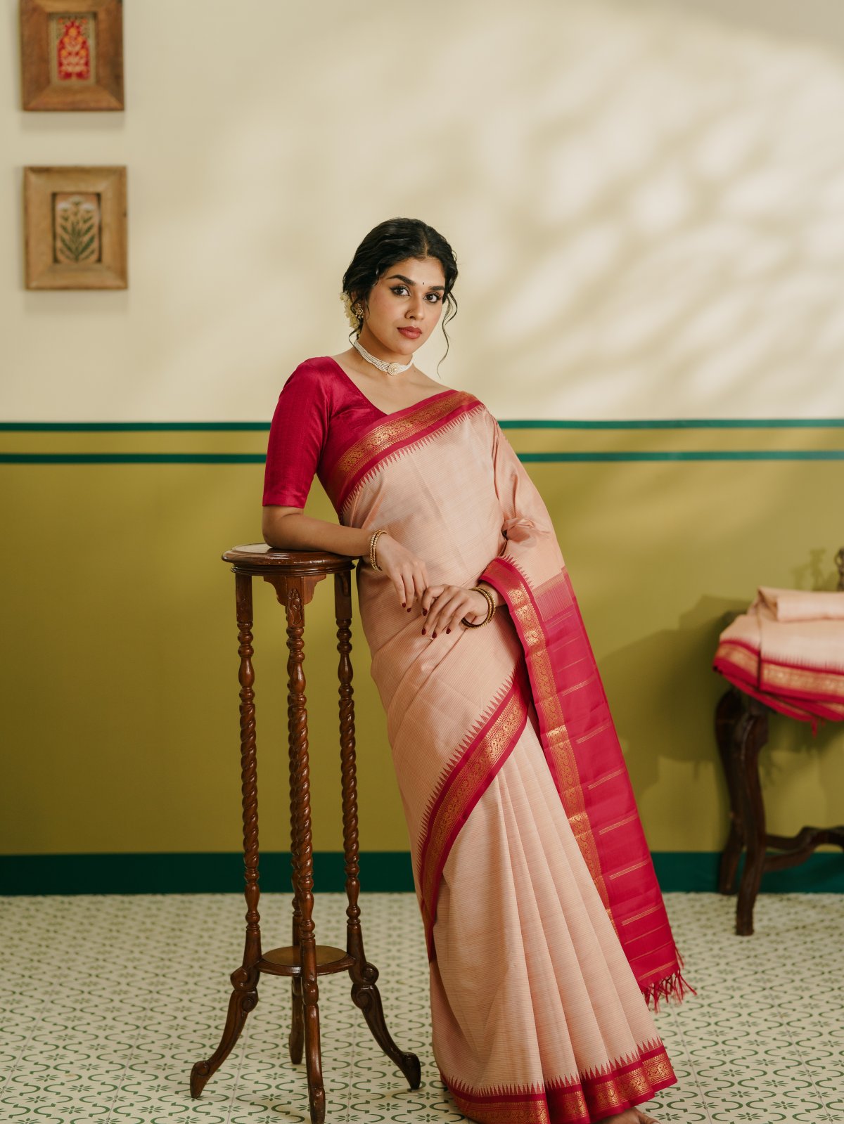 Vintage 29 - Light Dusty Pink Striped Kanjeevaram Silk Saree With Pinkish Red Border