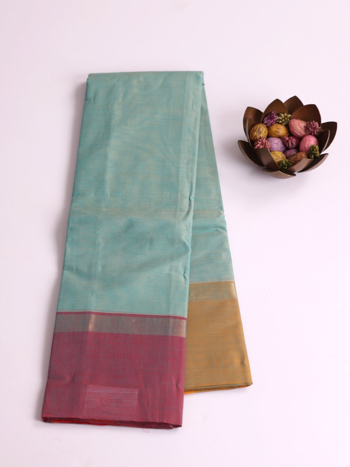 Light Bluish Green Kanchi Cotton Saree With Border