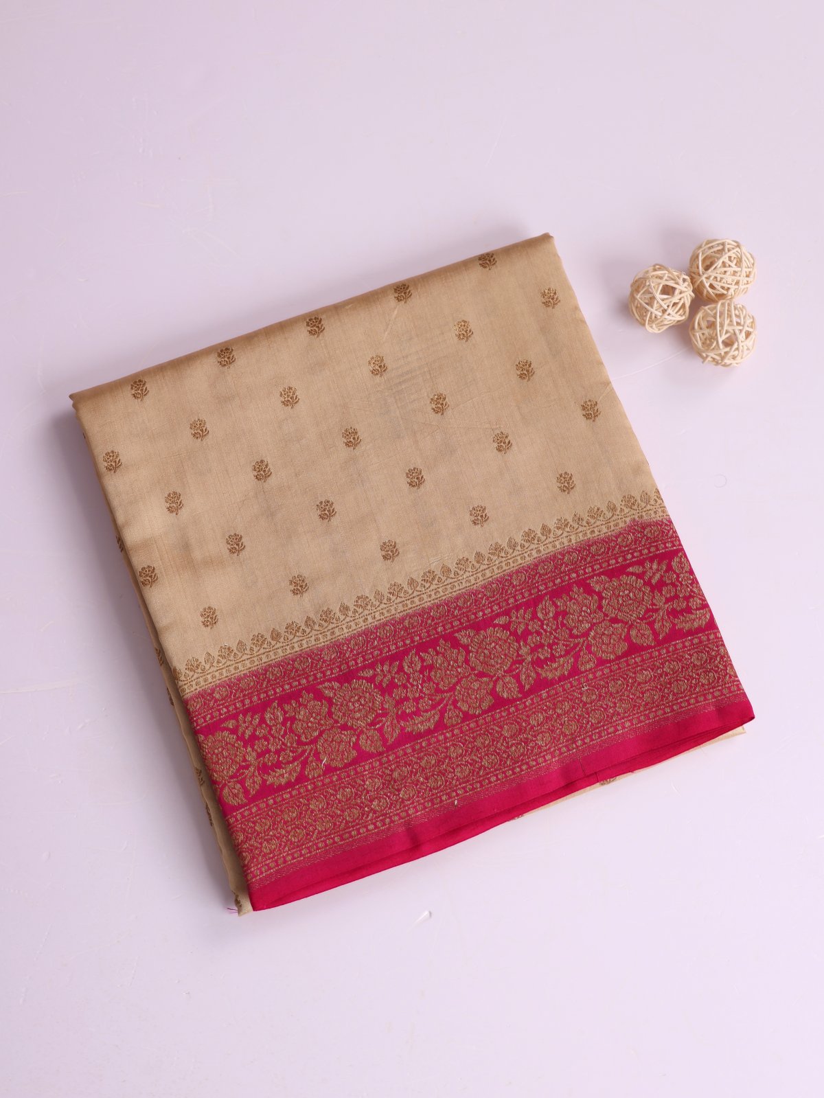 Beige Chaniya Silk Saree With Dark Pink Border