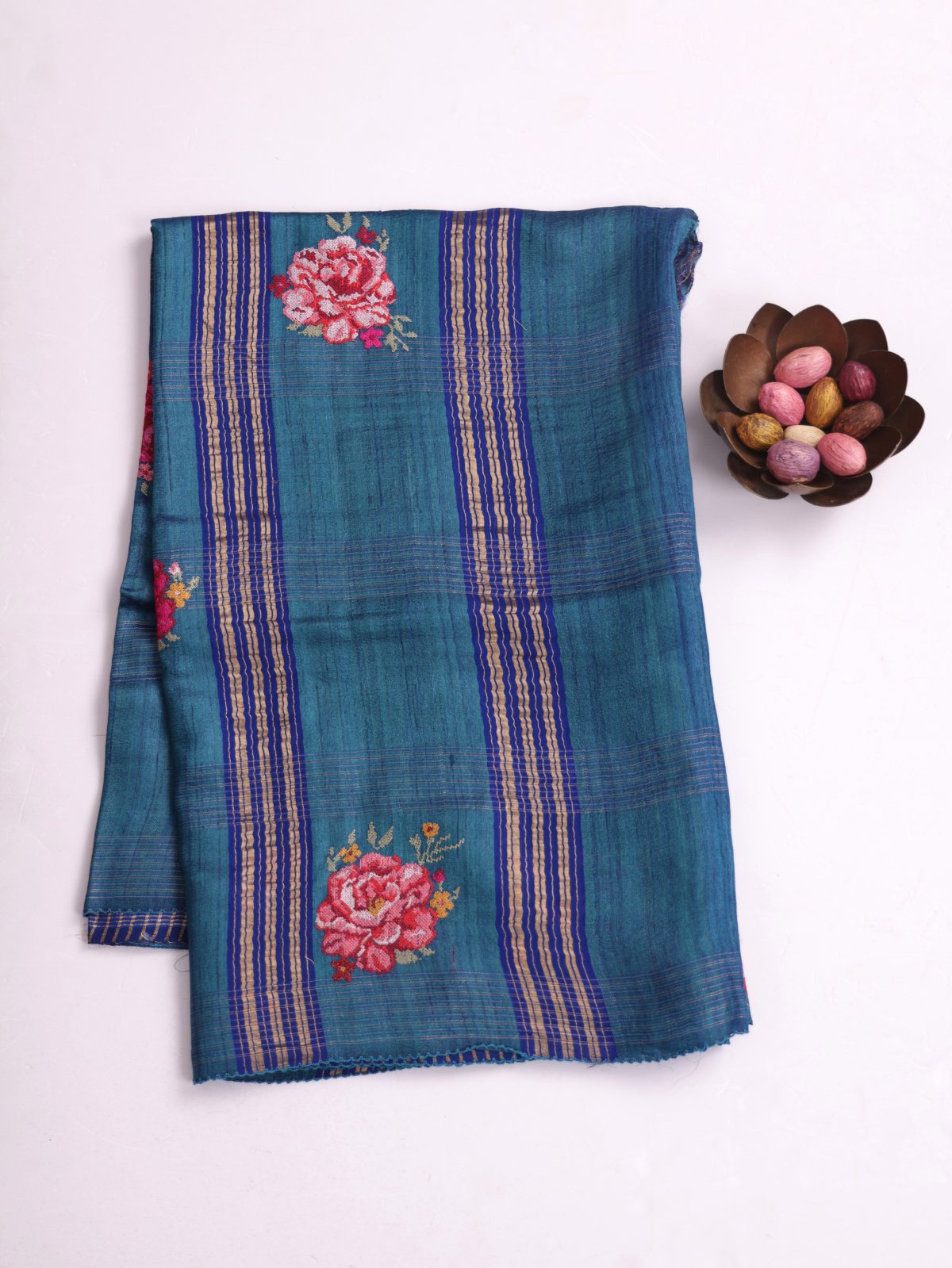 Peacock Blue Zari Striped Tussar Silk Saree With Cross-Stitch Embroidery 