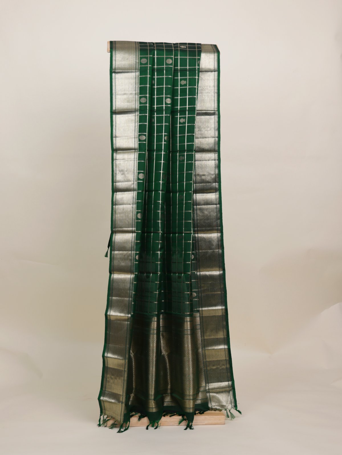 Bottle Green Zari Checked Kanjeevaram Silk Dupatta