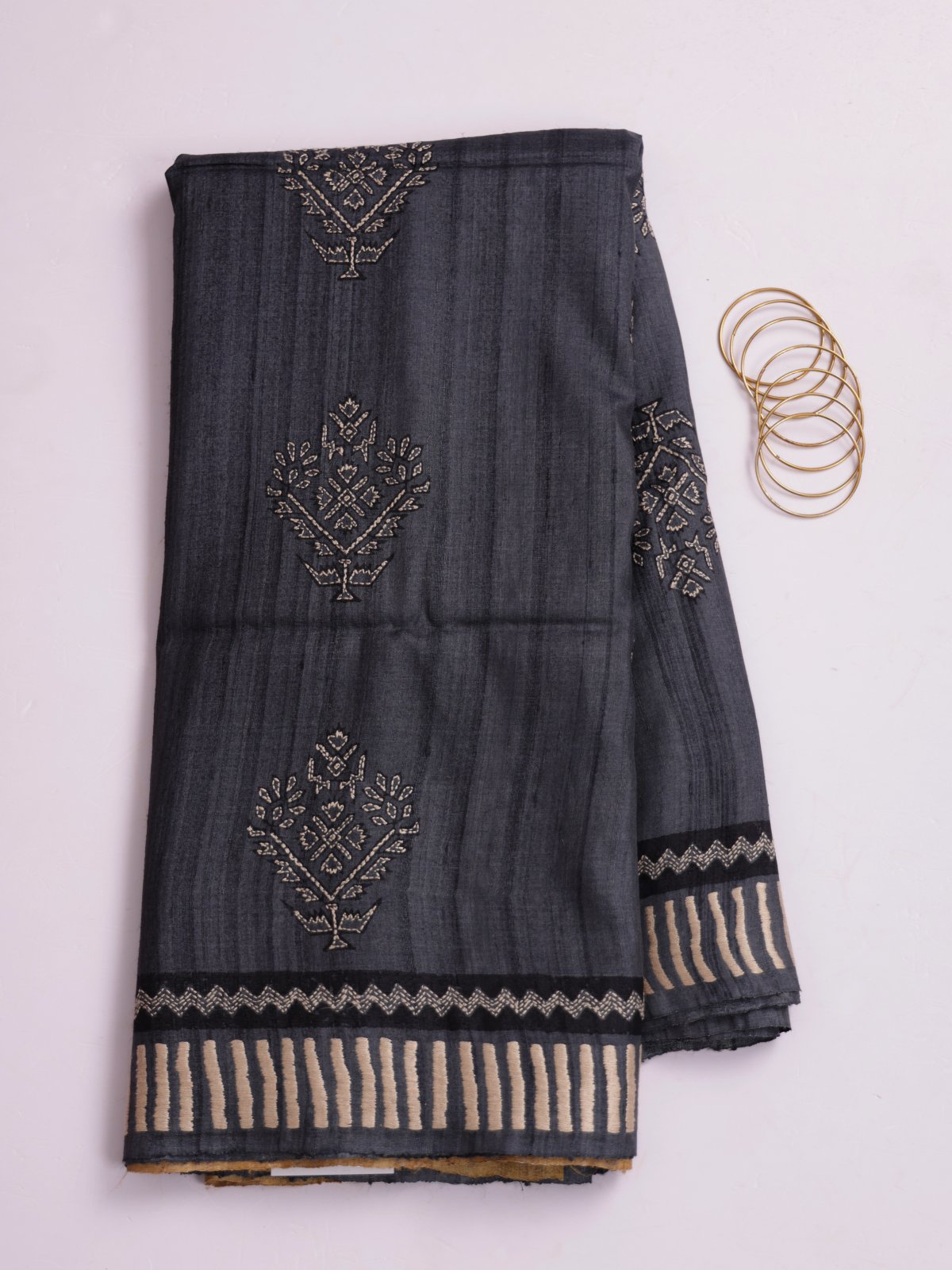 Dark Grey Printed Tussar Silk Saree With Kantha Embroidery