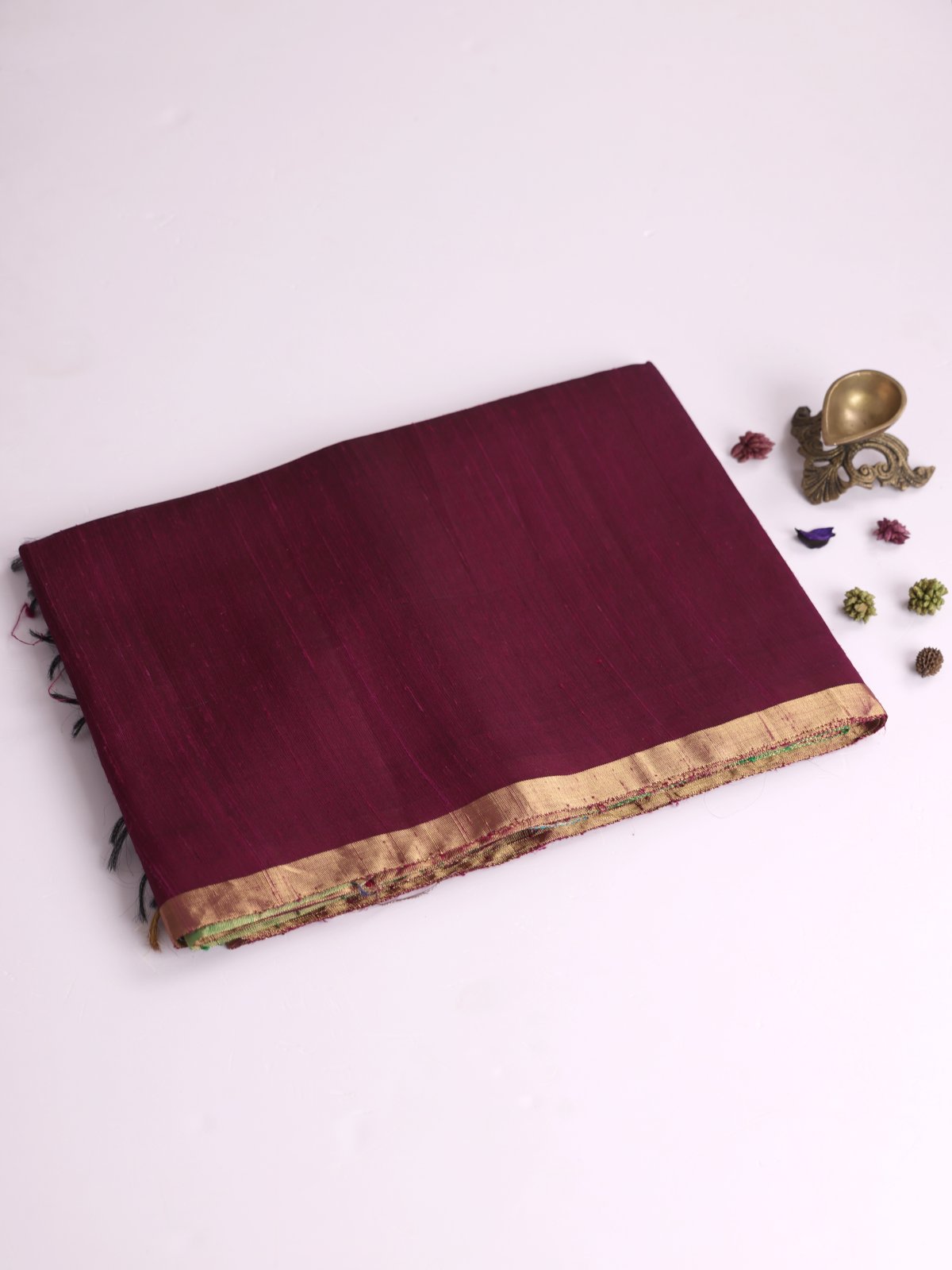 Burgundy Raw Silk Saree with Zari Border