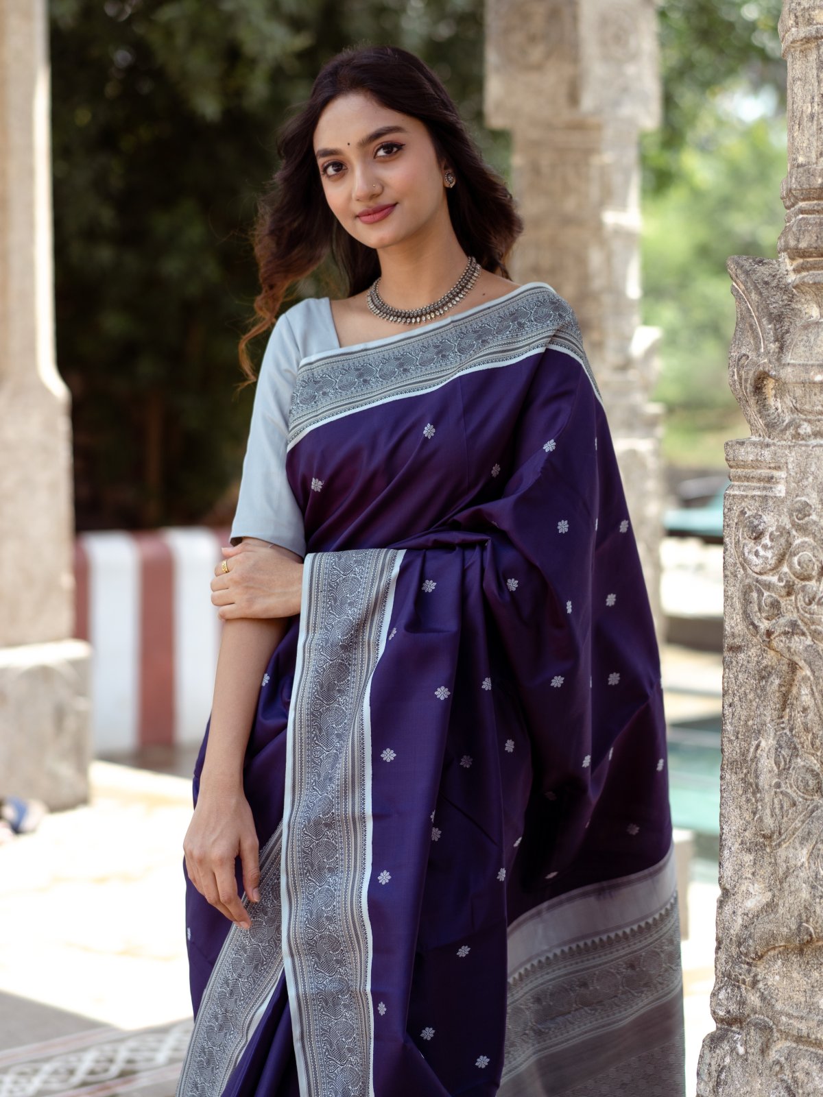 Purple Kanjeevaram Silk Saree With Grey Border