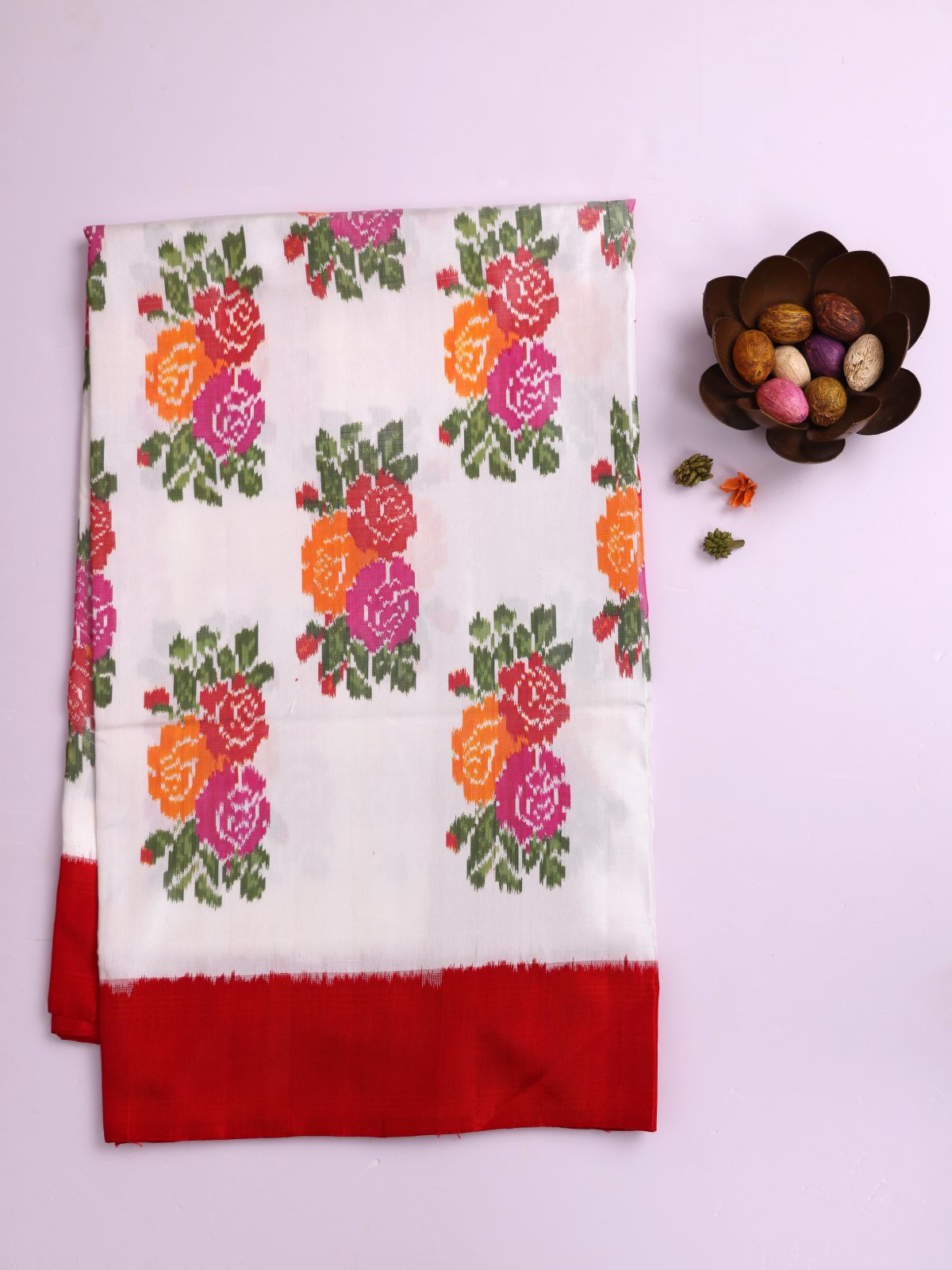 White Patola Silk Saree With Red Border