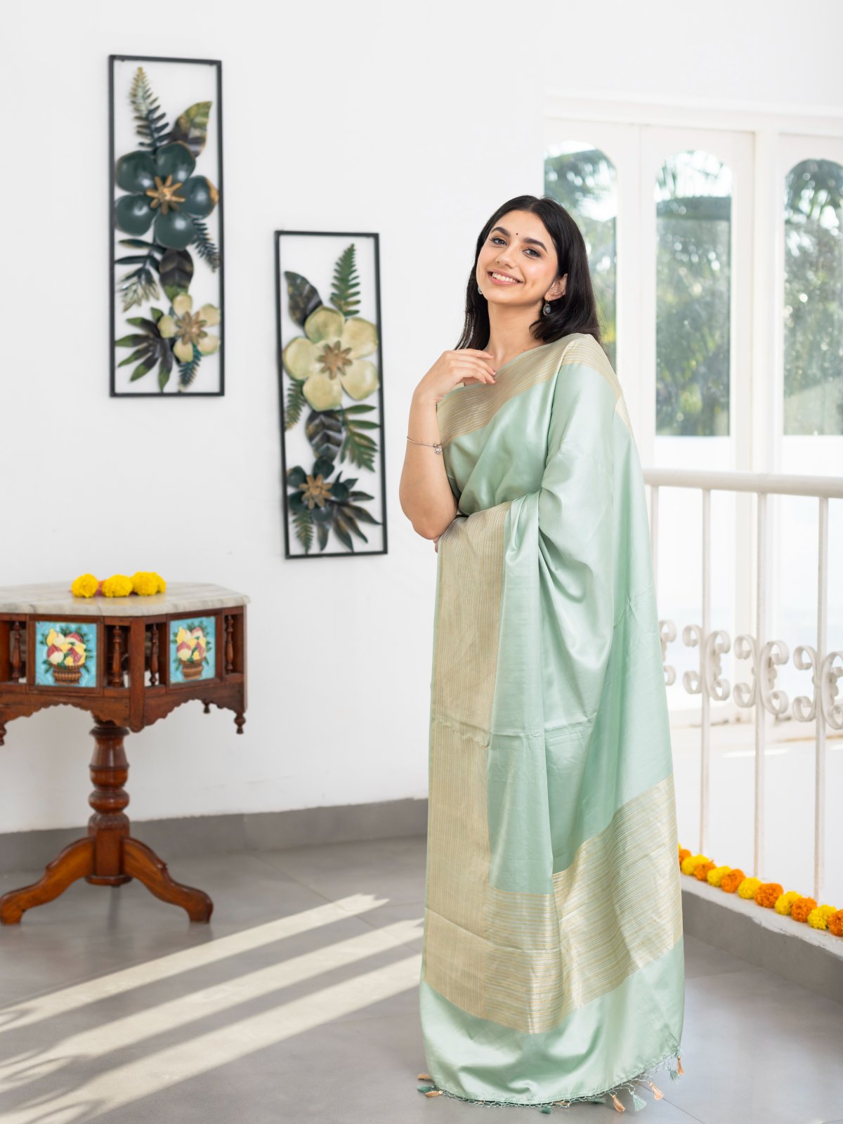 Aqua Marine Green Mashru Silk Saree With Striped Zari Border