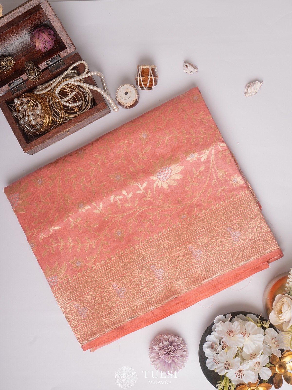 Peach Banarasi Silk Saree with zari brocade