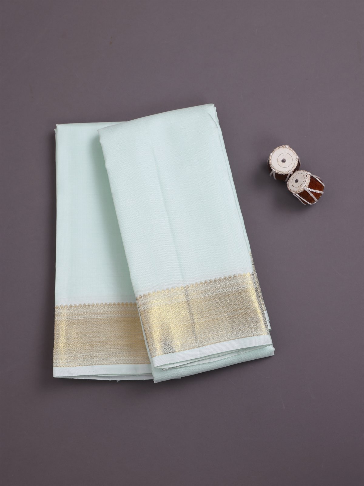 Pastel Bluish Green Silk Dhoti And Vasthram with Zari Border