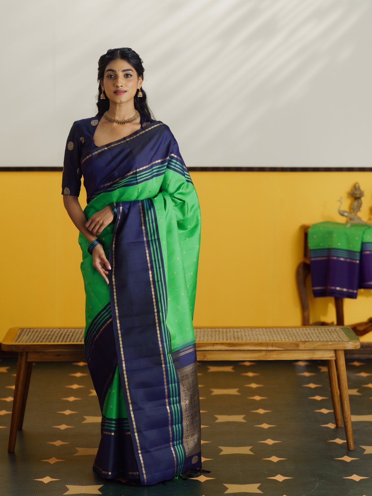 Vintage 71 - Parrot Green Kanjeevaram Silk Saree With Navy Blue Striped Border