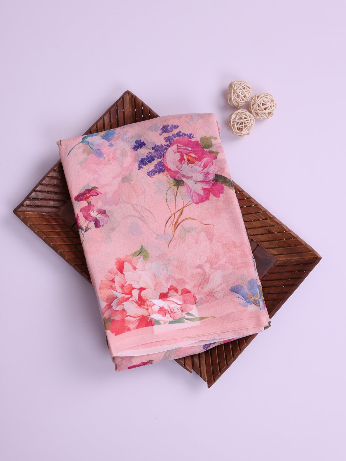 Light Peach Floral Printed Chiffon Saree