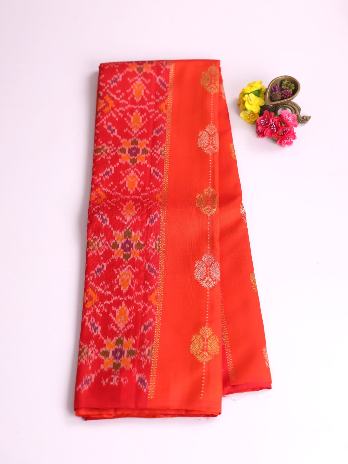 Reddish Orange Kanjeevaram Ikat Silk Saree