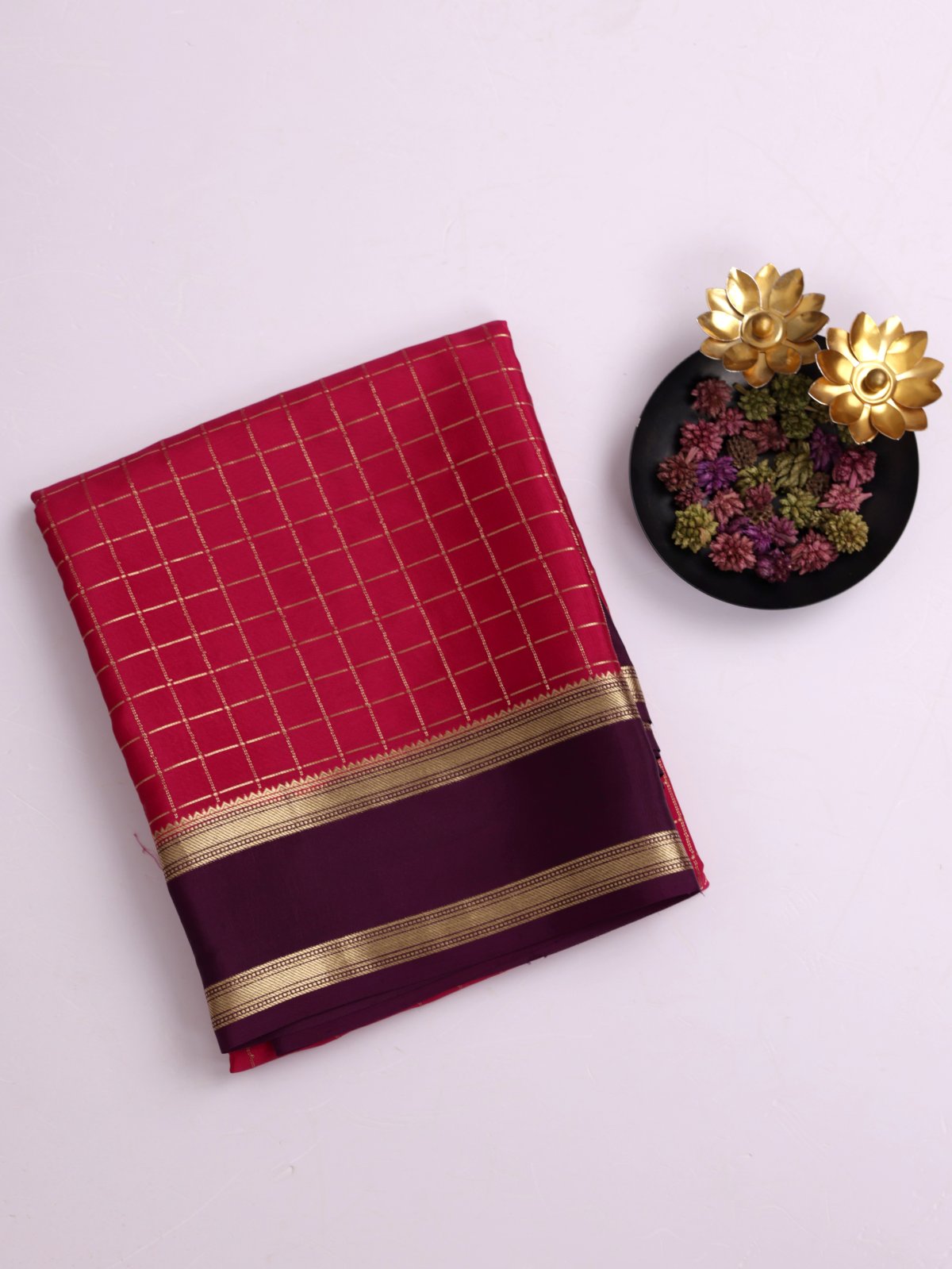Dark Pink Zari Checked Mysore Silk Saree With Dark Purple Border