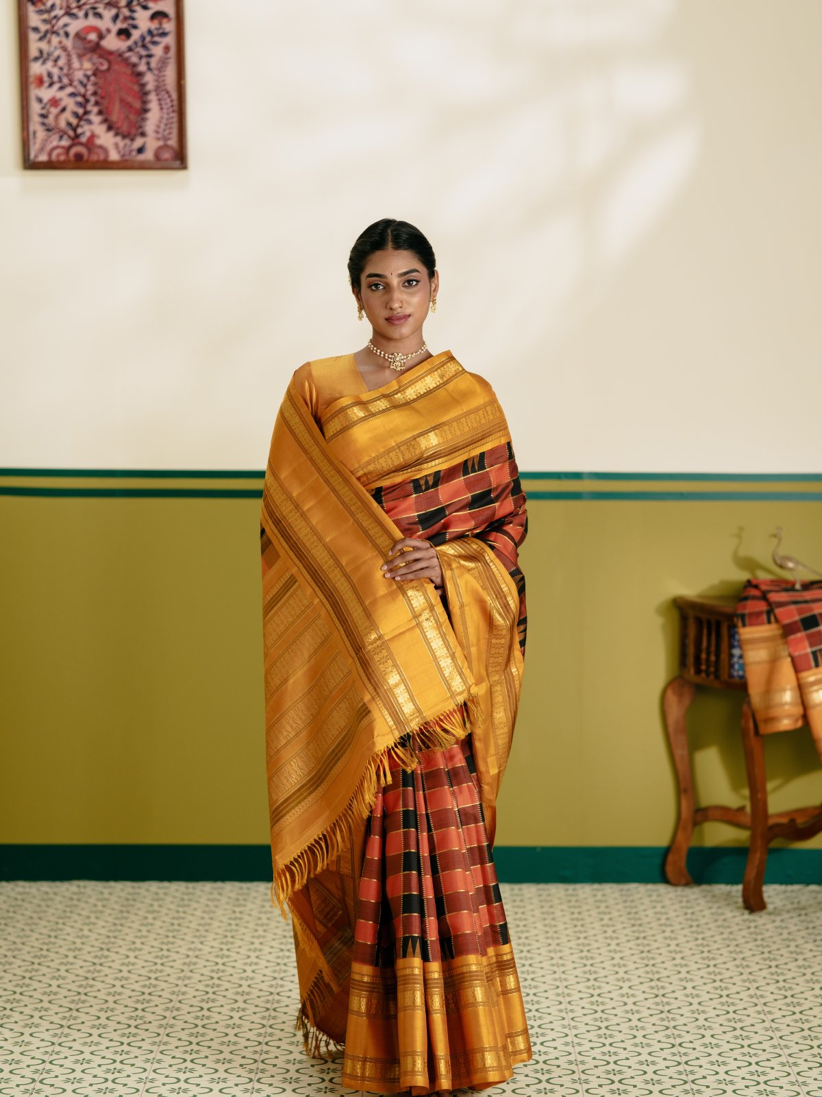Vintage 46 - Rust and Black Checked Kanjeevaram Silk Saree With Mustard Yellow Border