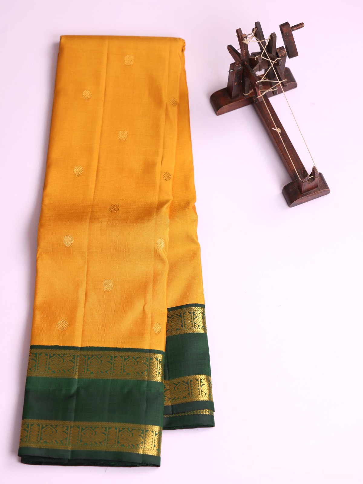 Mustard Yellow Kanjeevaram Silk Saree With Bottle Green Border