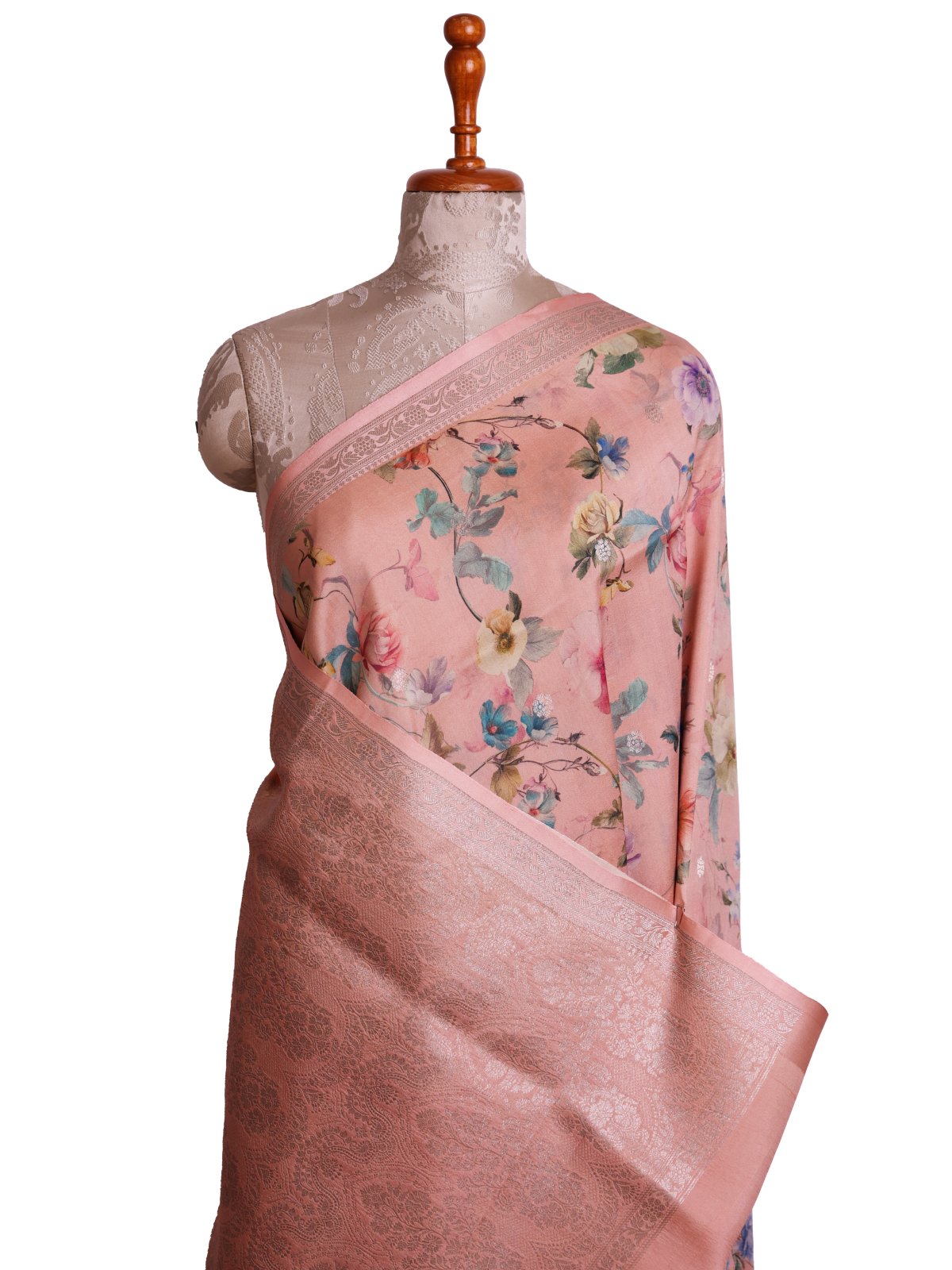 Peach Printed Tussar Georgette Silk Saree