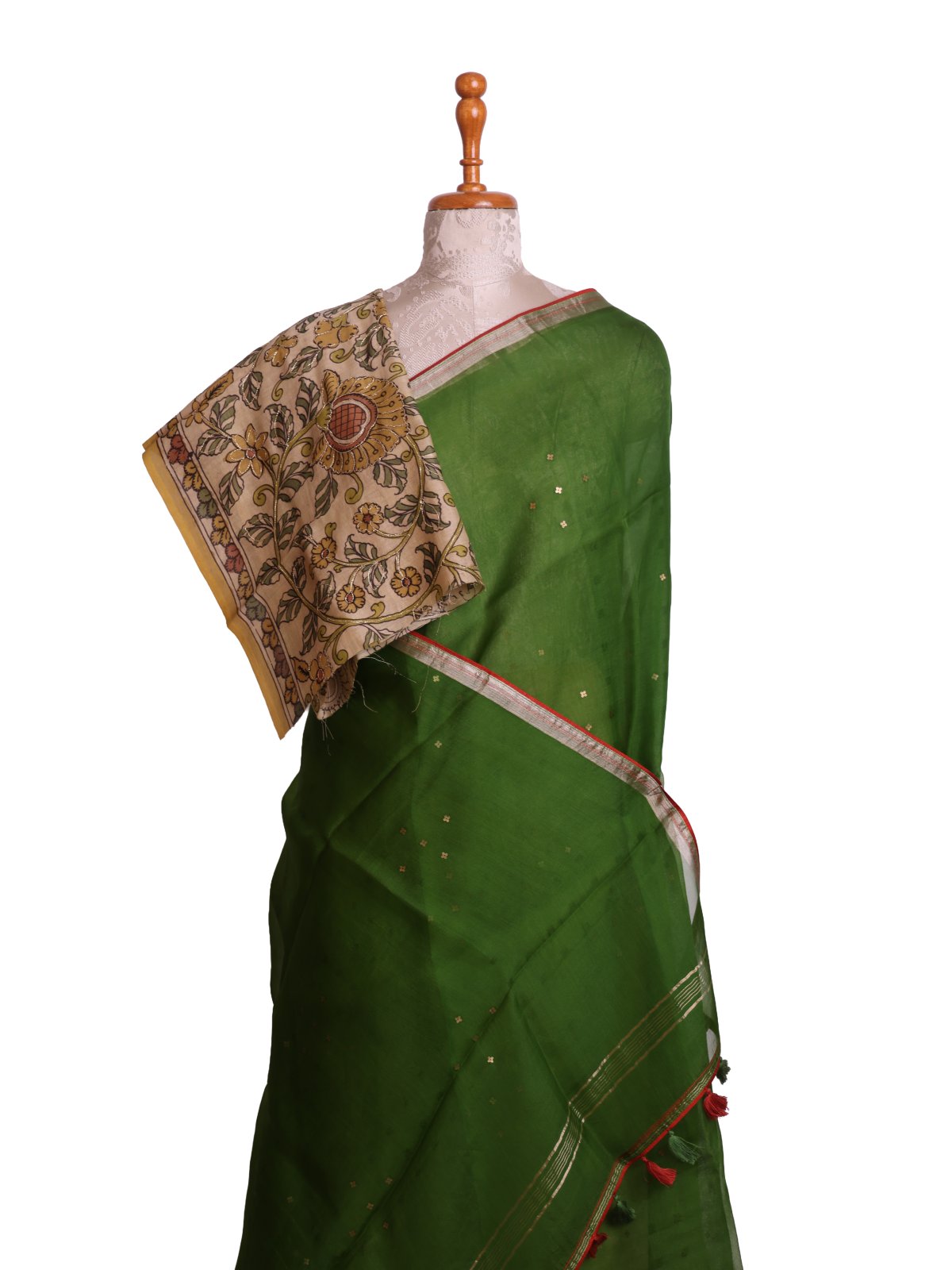 Green Organza Silk Saree with Kalamkari Blouse