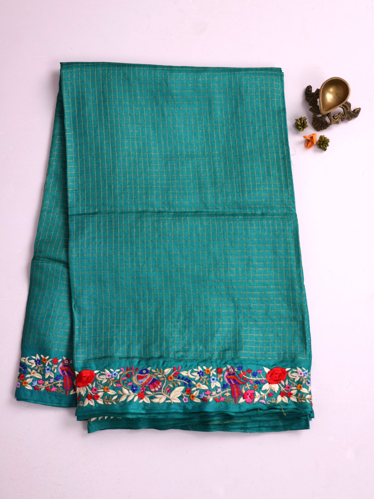 Teal Zari Checked Tussar Silk Saree With Parsi Embroidered Border