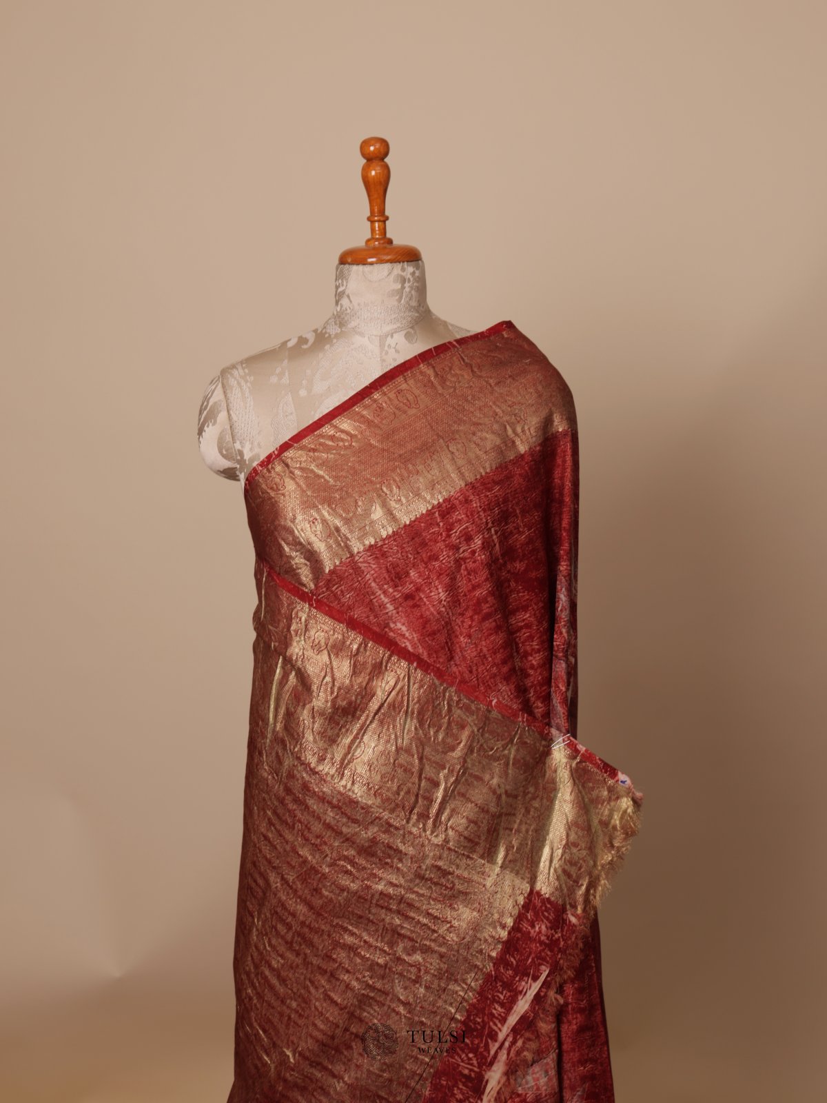 Dark Red Eco Print Silk Saree