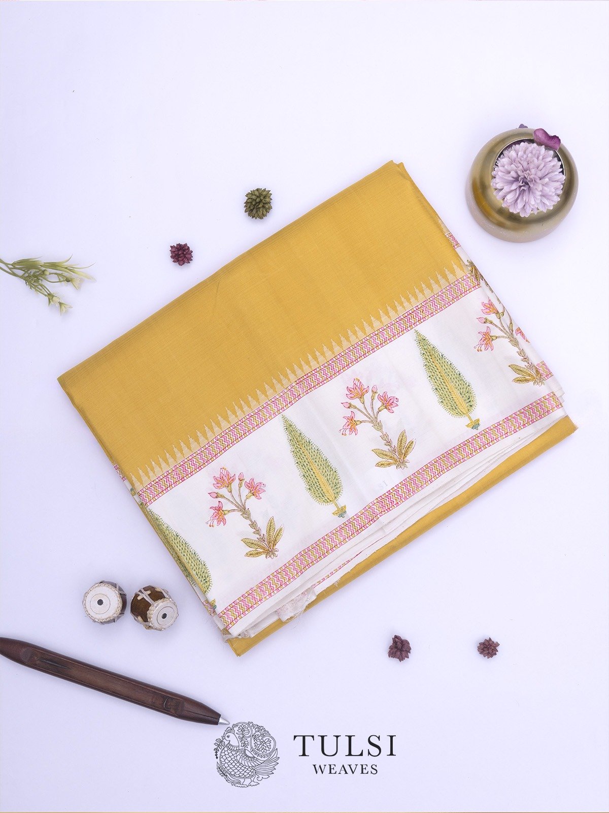 Mustard Blockprint Kanjeevaram Silk Saree With Off-white Border