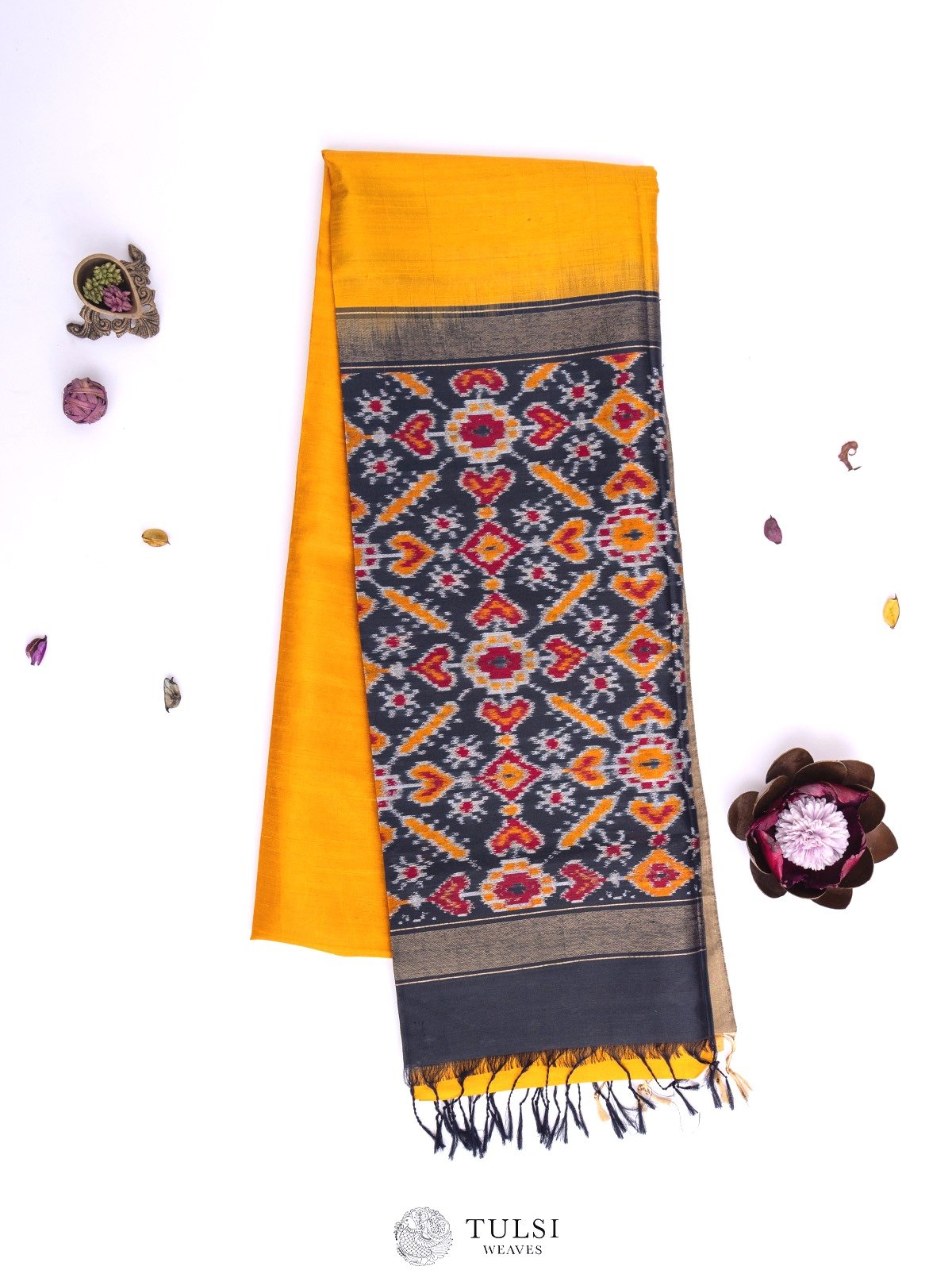  Mustard Raw Silk Saree with Ikat Pallu