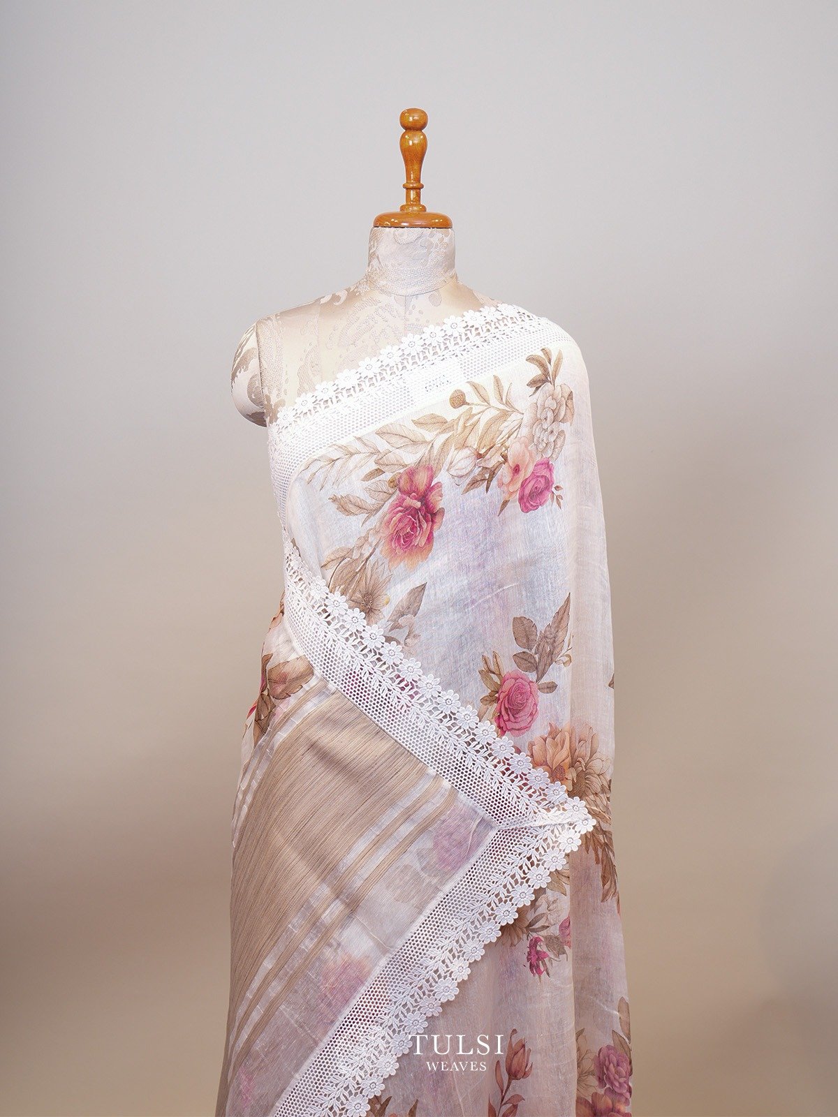 White Printed Linen Silk Saree