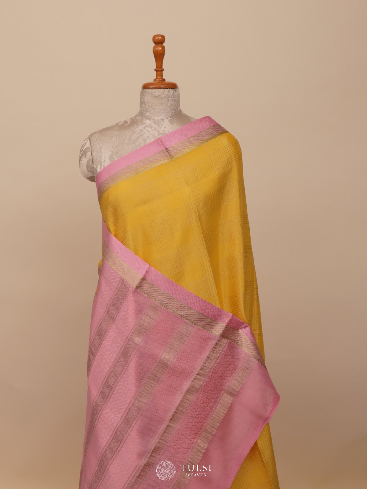 Yellow Mysore Silk Saree With Light Pink Border