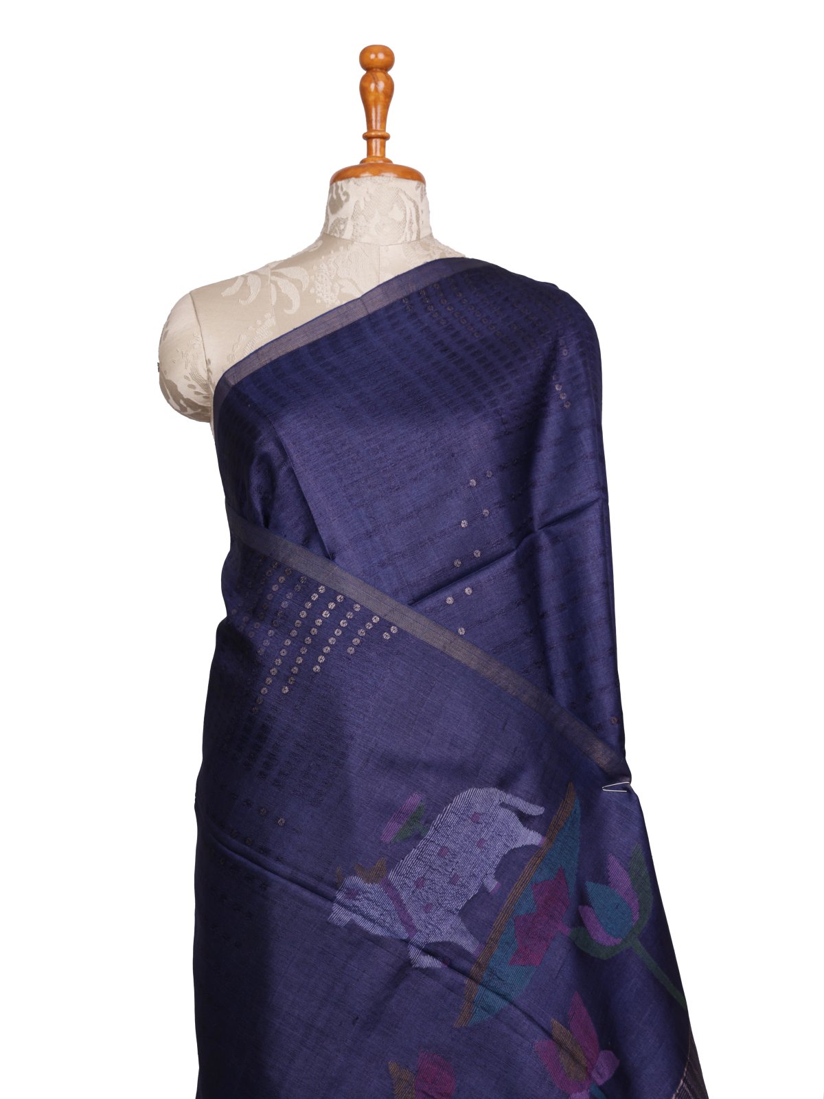Navy Blue Kora Tussar Silk Saree With Jamdani Pallu 