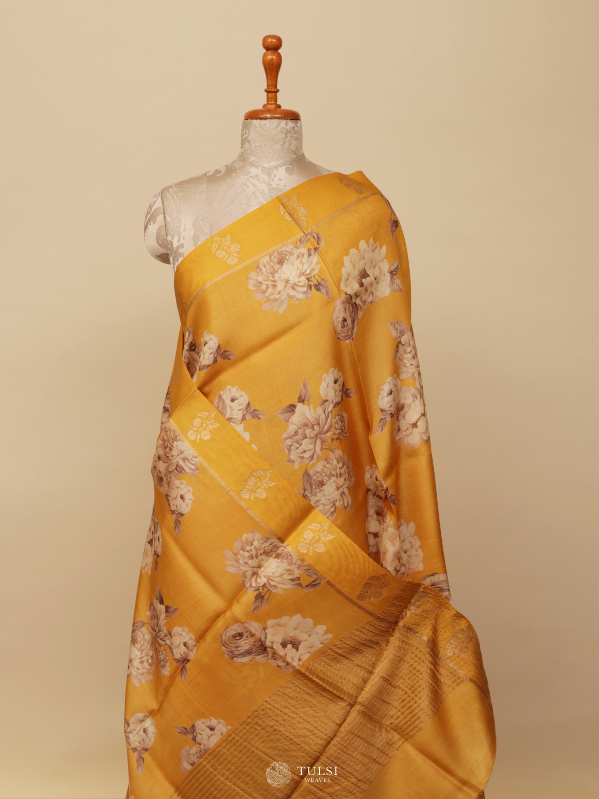 Yellow Printed Tussar Silk Saree