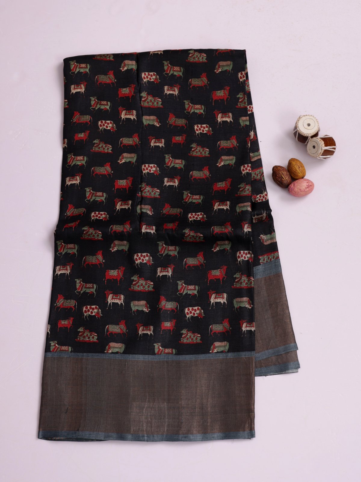 Black Printed Tussar Silk Saree With Bluish Grey Tissue Border