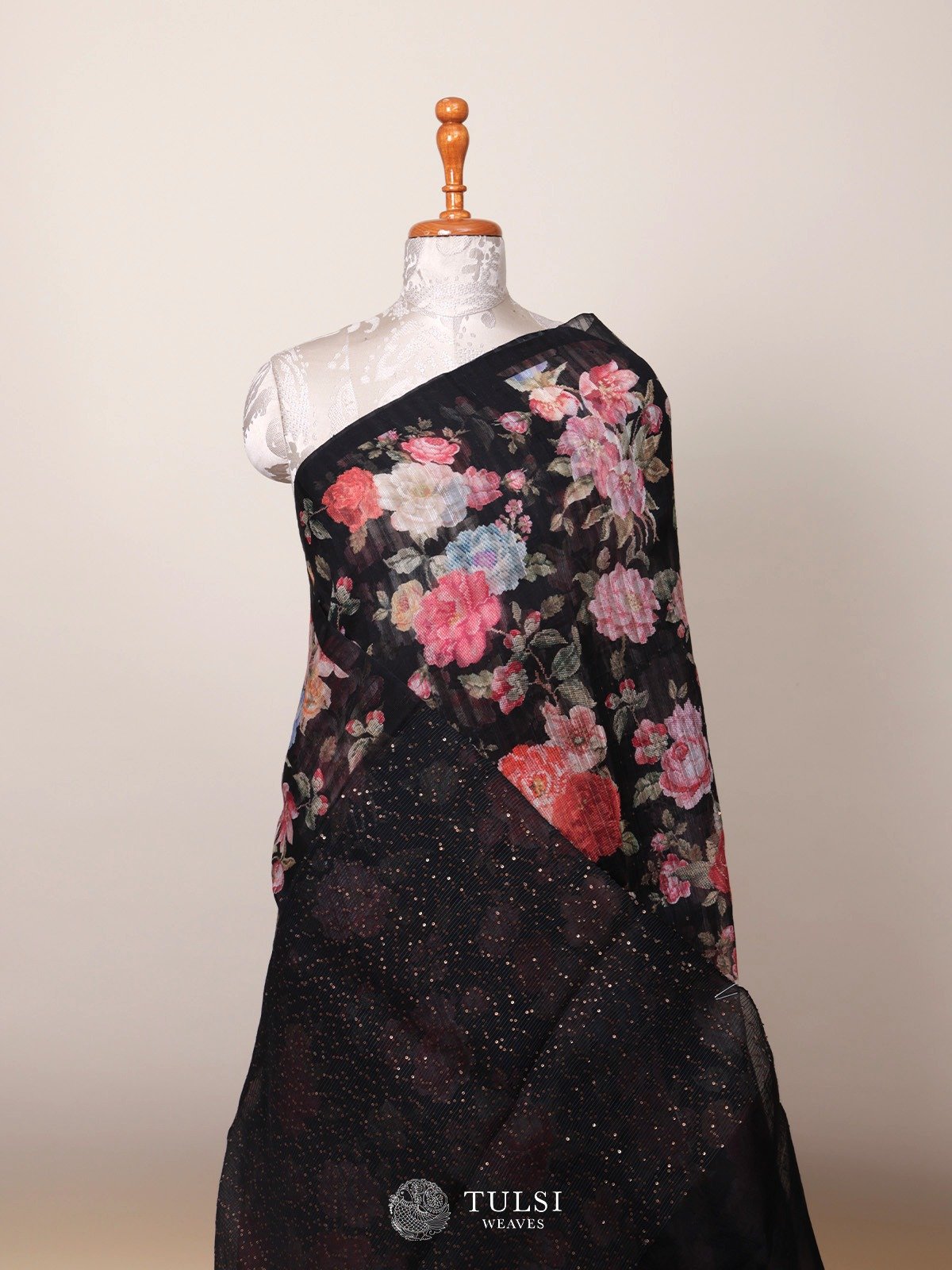 Black Kora Jute Saree with Floral Print