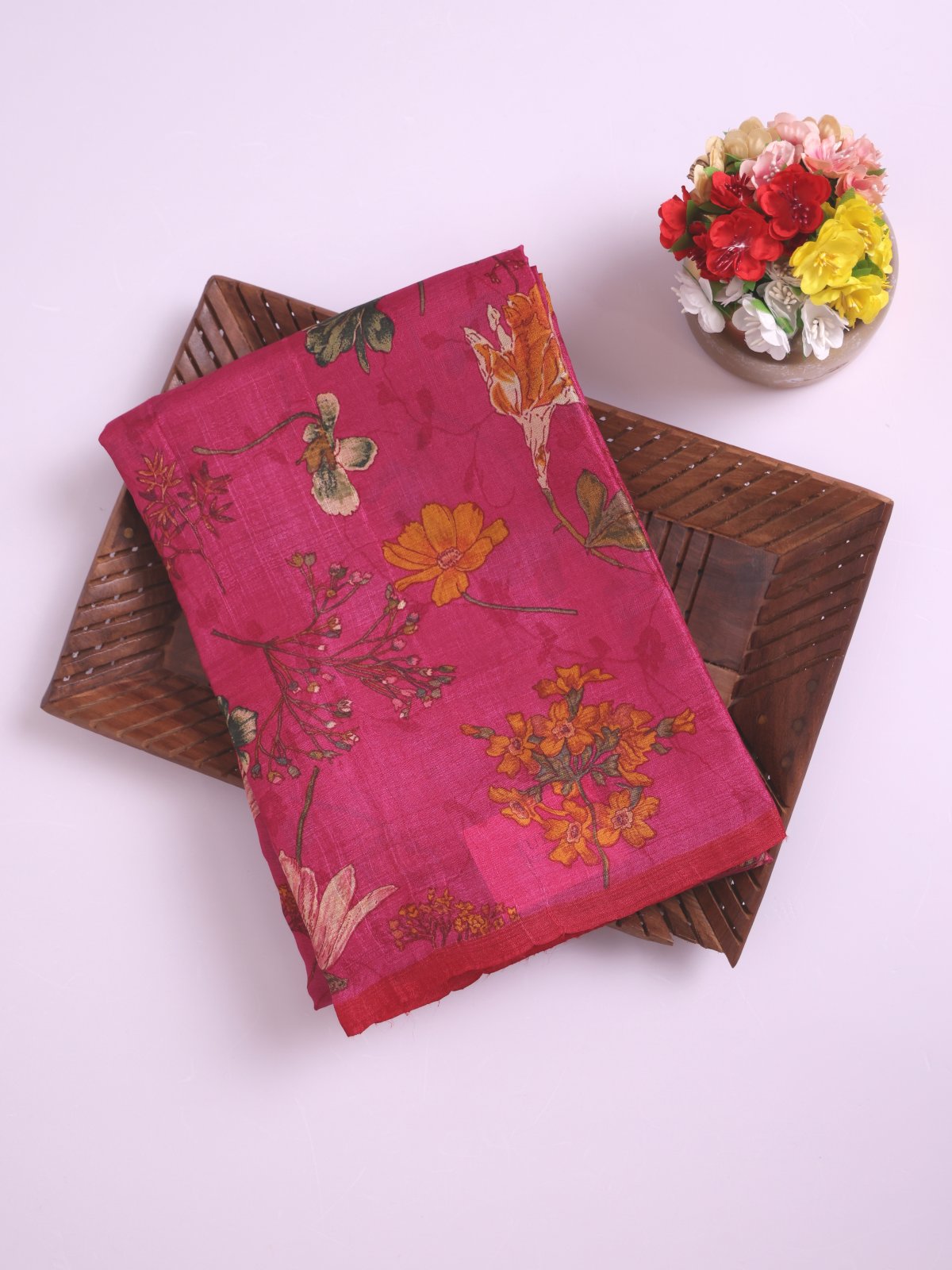 Rani Pink Printed Tussar Silk saree