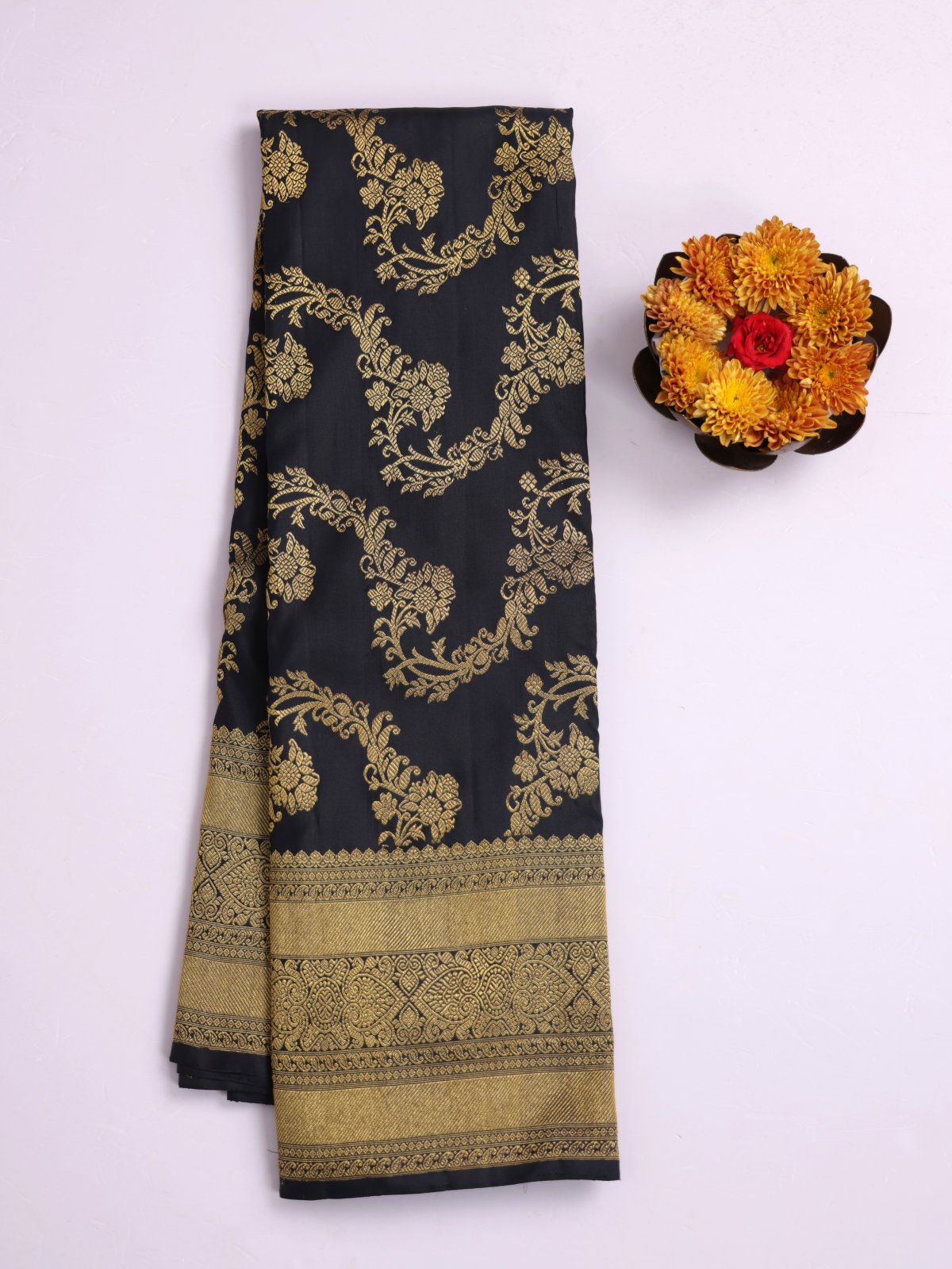 Black Zari Brocade Kanjeevaram Silk Saree With Zari Border