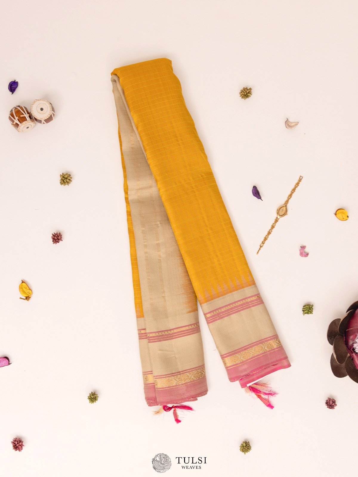 Mustard Checked Gadwal Silk Saree