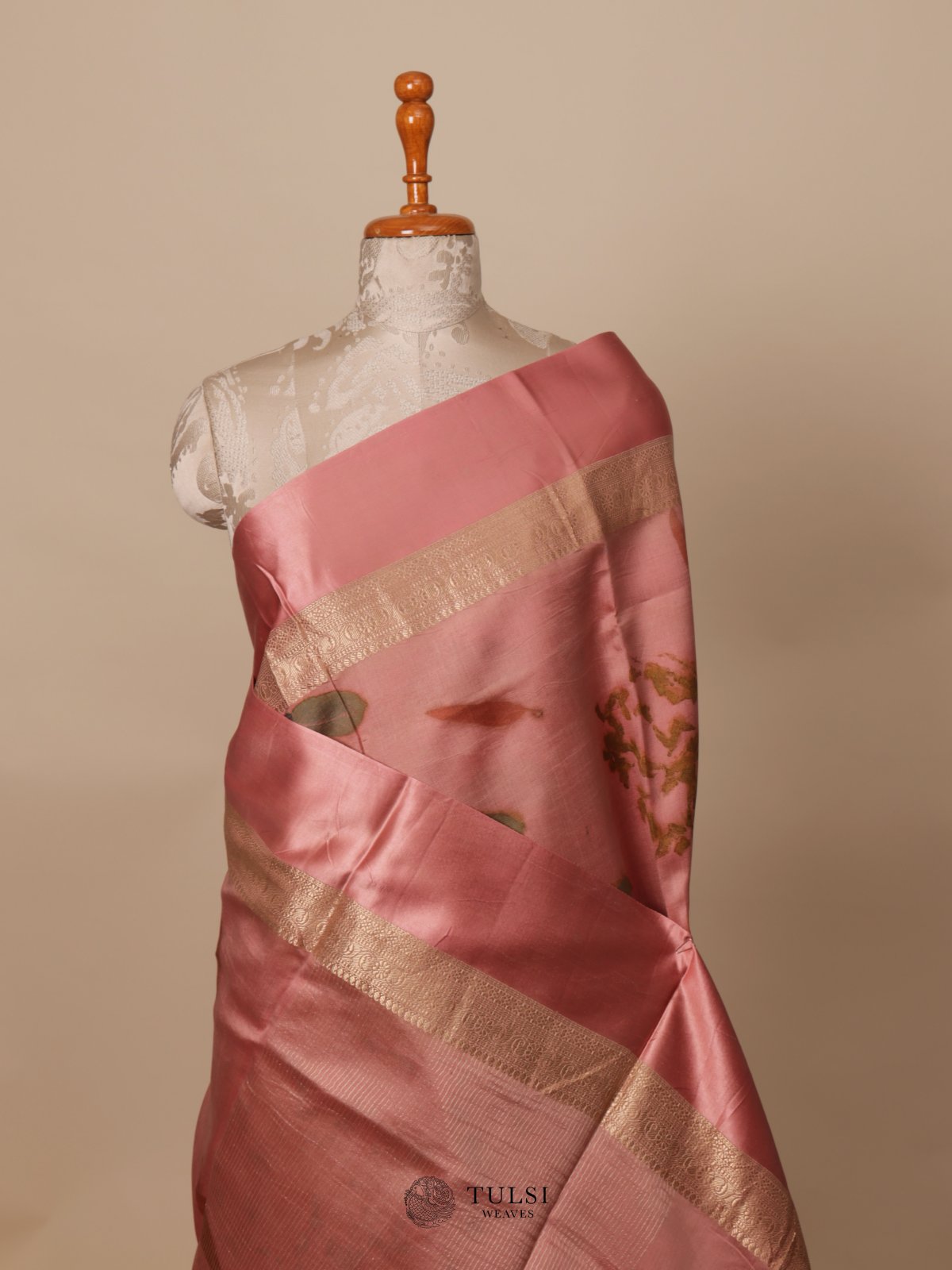 Dark Pink Eco Print Silk Saree With Satin Border