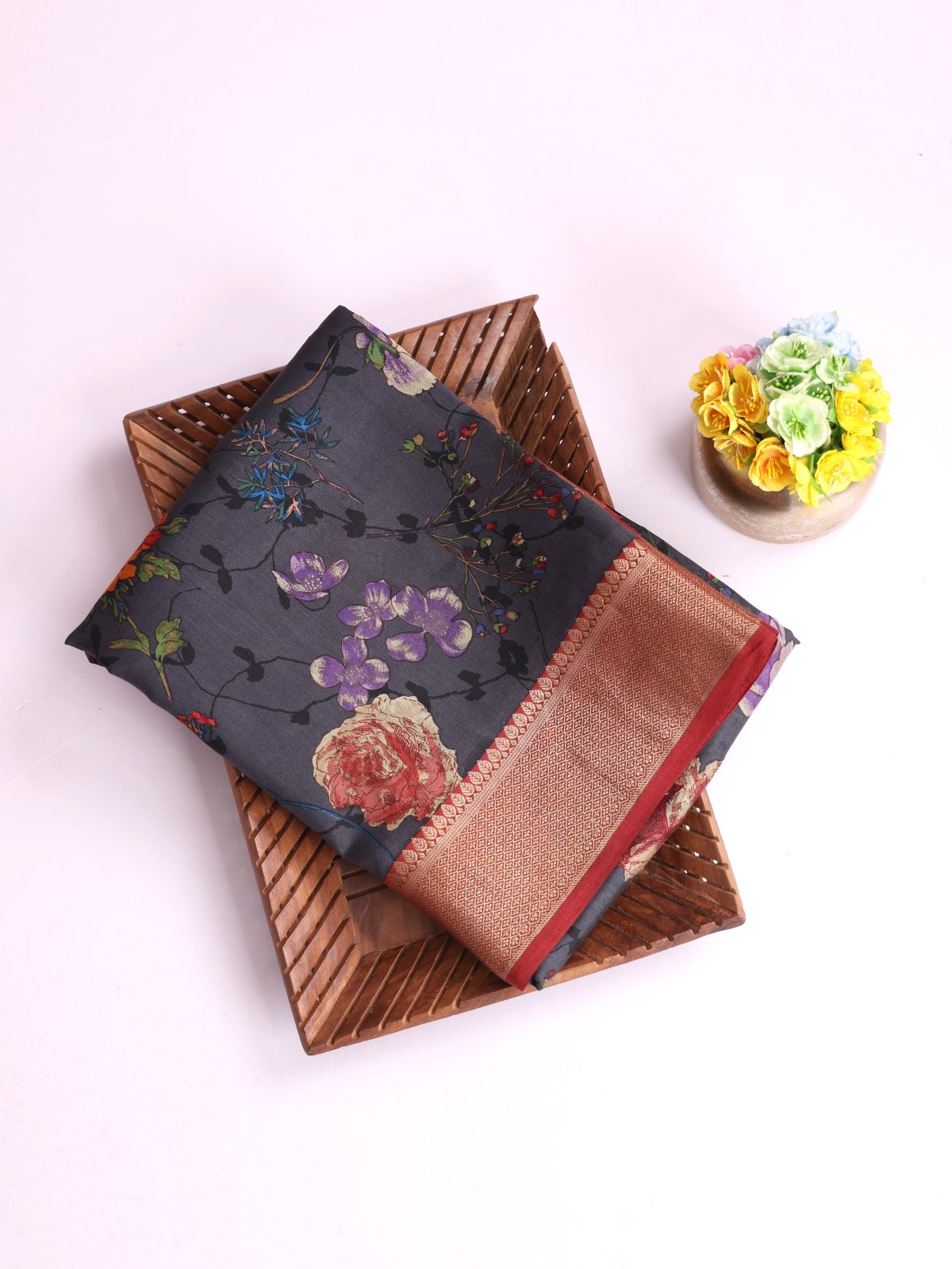 Dark Grey Printed Chaniya Silk Saree With Zari Border 