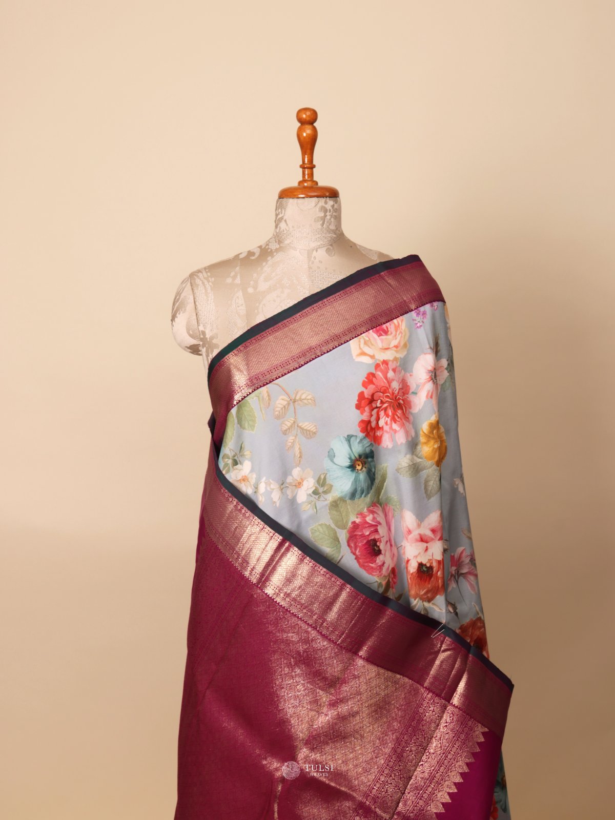 Light Blue Printed Kanjeevaram Silk Saree